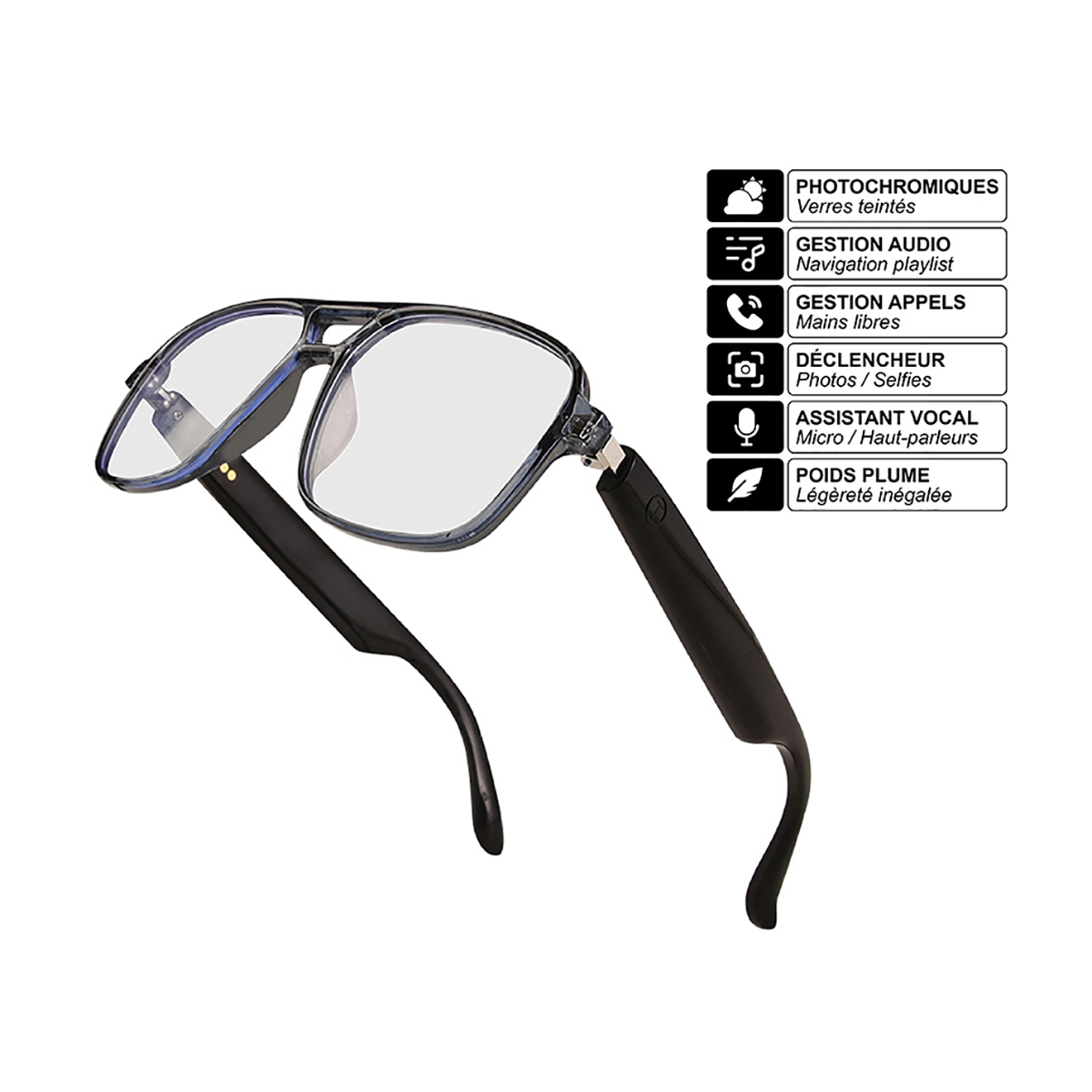Intelligente Brille mit klaren Gläsern und schwarzen Bügeln, sowie Symbolen, die Funktionen wie Anrufmanagement anzeigen.