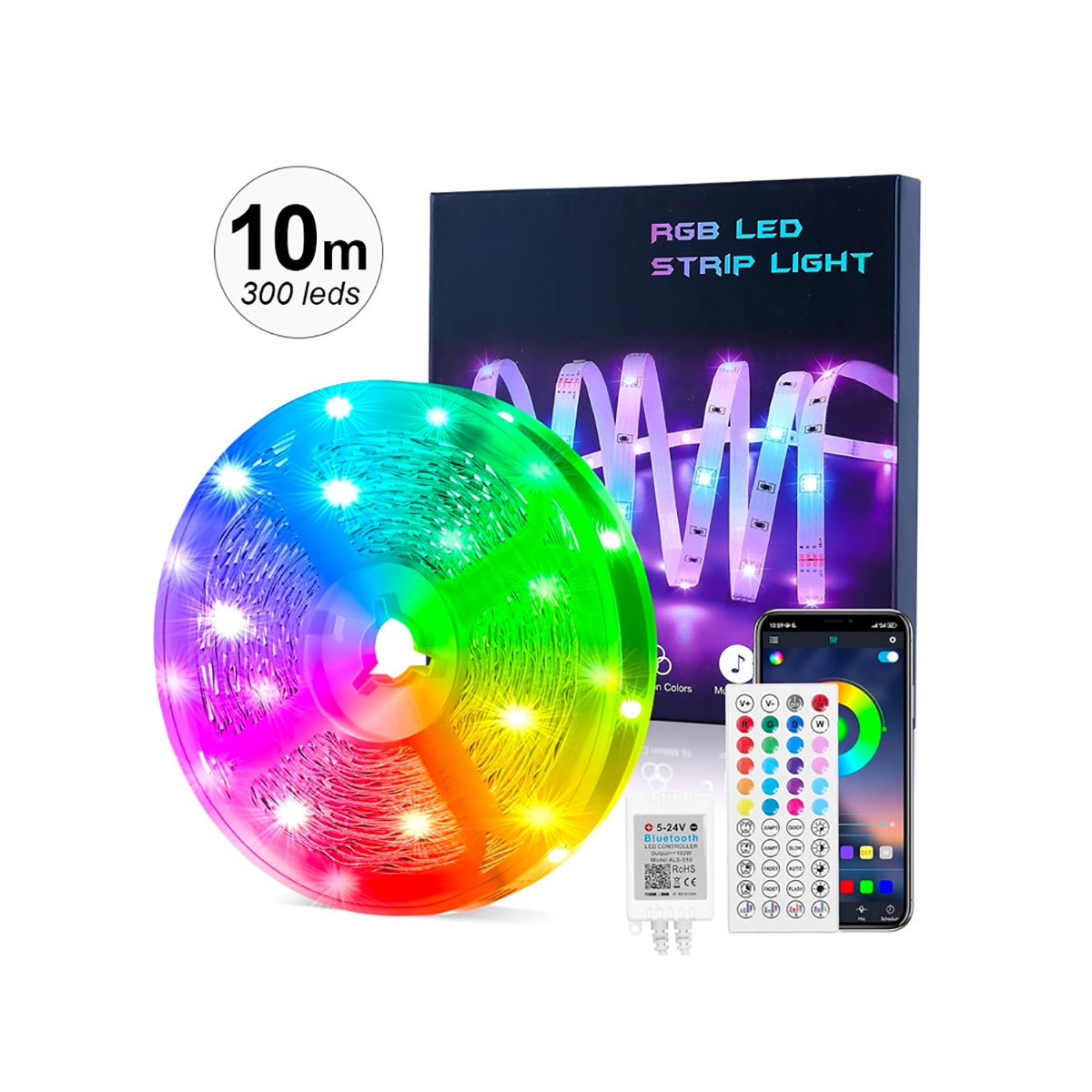 Un rotolo di luci a strisce LED RGB colorate con una scatola di controllo, un telecomando e uno smartphone che mostra l'app.
