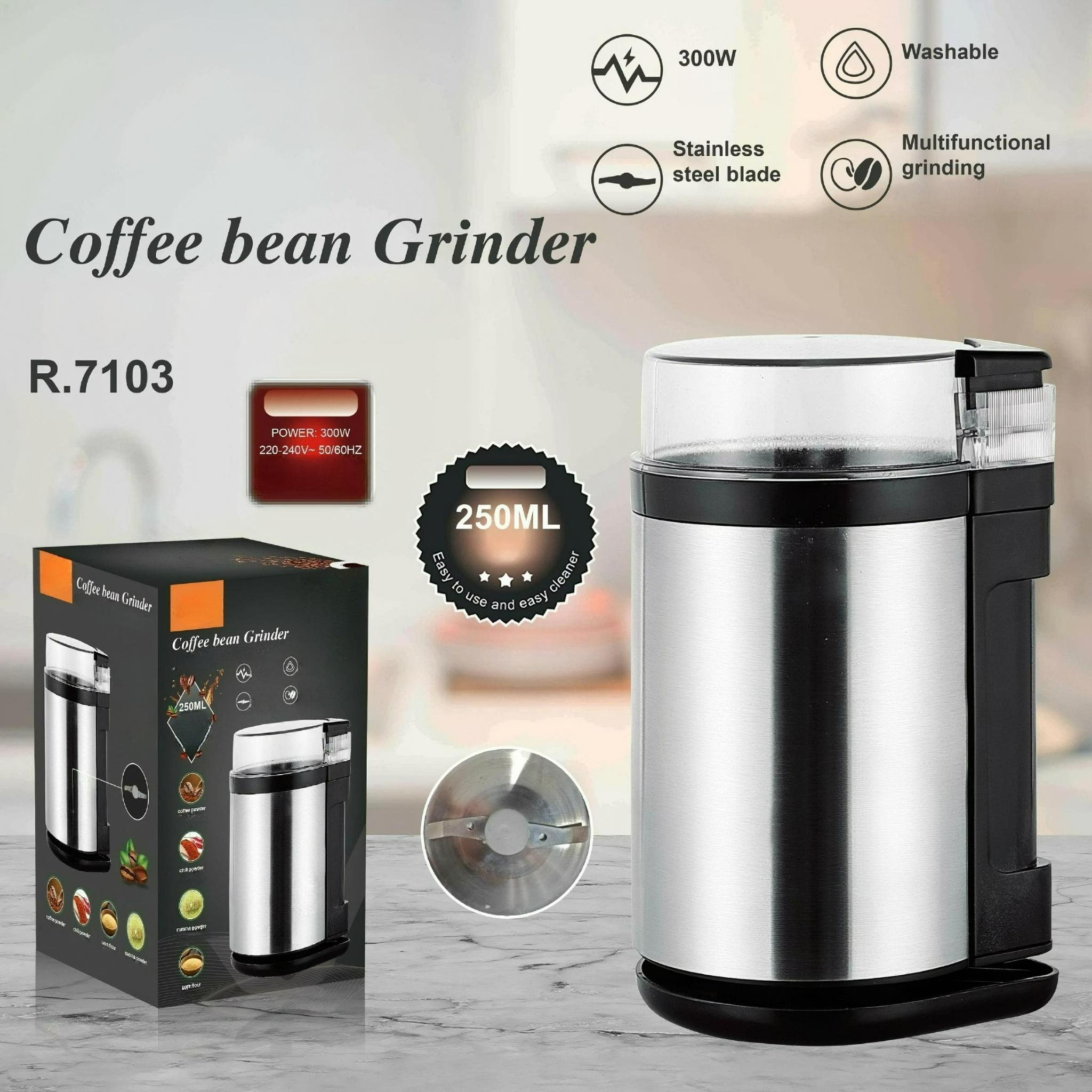 Eine Kaffeebohnenmühle aus Edelstahl mit einer Box, die das Produkt und seine Eigenschaften zeigt.