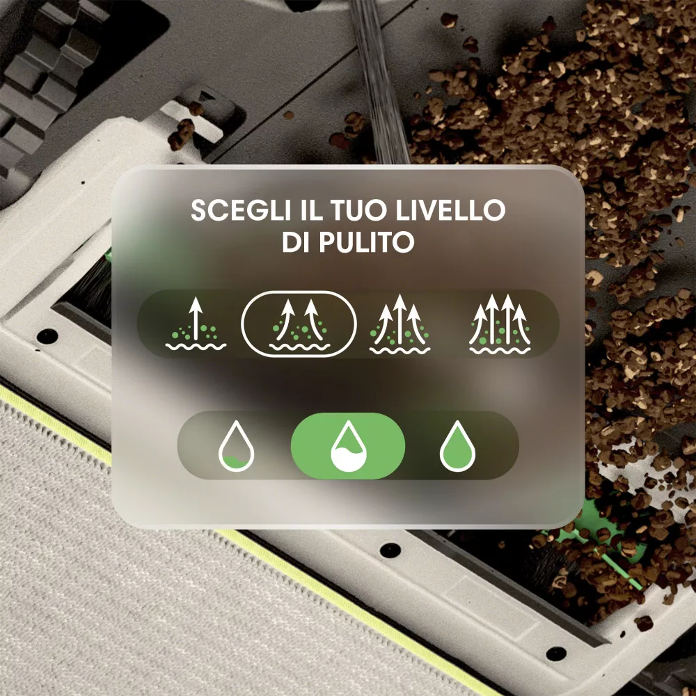 Zbliżenie robota odkurzającego Roomba z ikonami pokazującymi tryby czyszczenia. Obraz jest widokiem z góry.