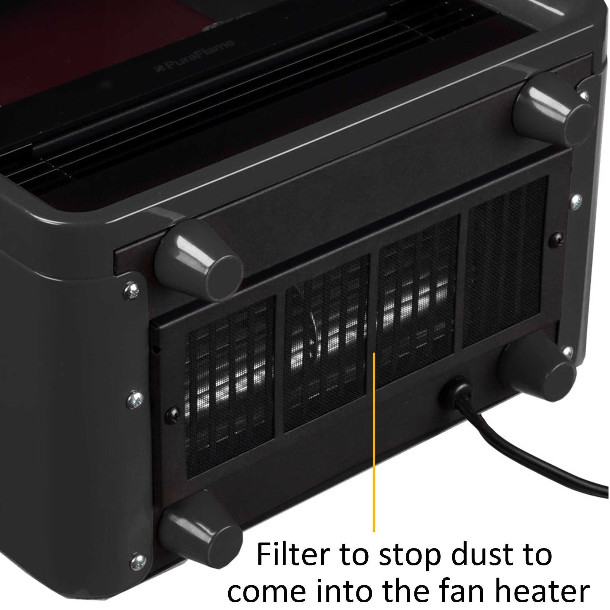 Nahaufnahme eines Heizlüfters mit Filter. Der Filter soll verhindern, dass Staub in den Heizlüfter gelangt.