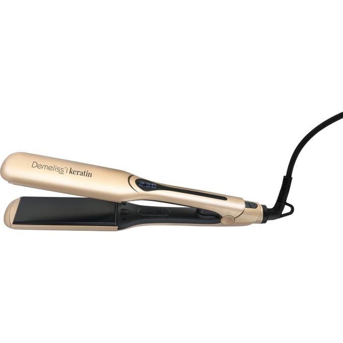 Una piastra per capelli dorata con piastra nera, con la scritta Demeliss e cheratina in alto.