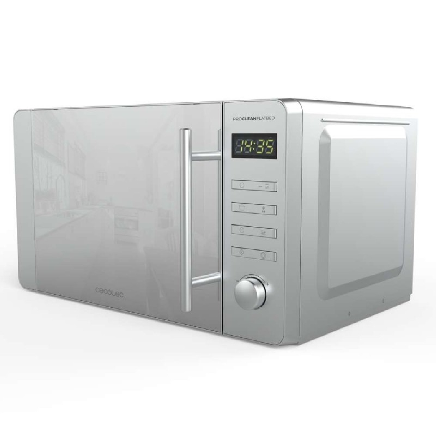 Un horno microondas plateado con pantalla de reloj digital y panel de control, sobre un fondo blanco.