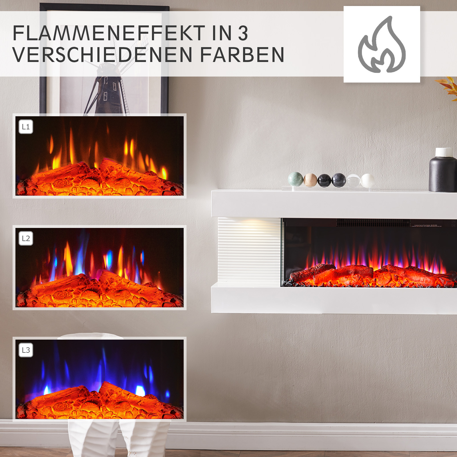 Drei elektrische Kamine mit unterschiedlichen Flammeneffekten. Jeder hat einen weißen Rahmen und ein Feuer.
