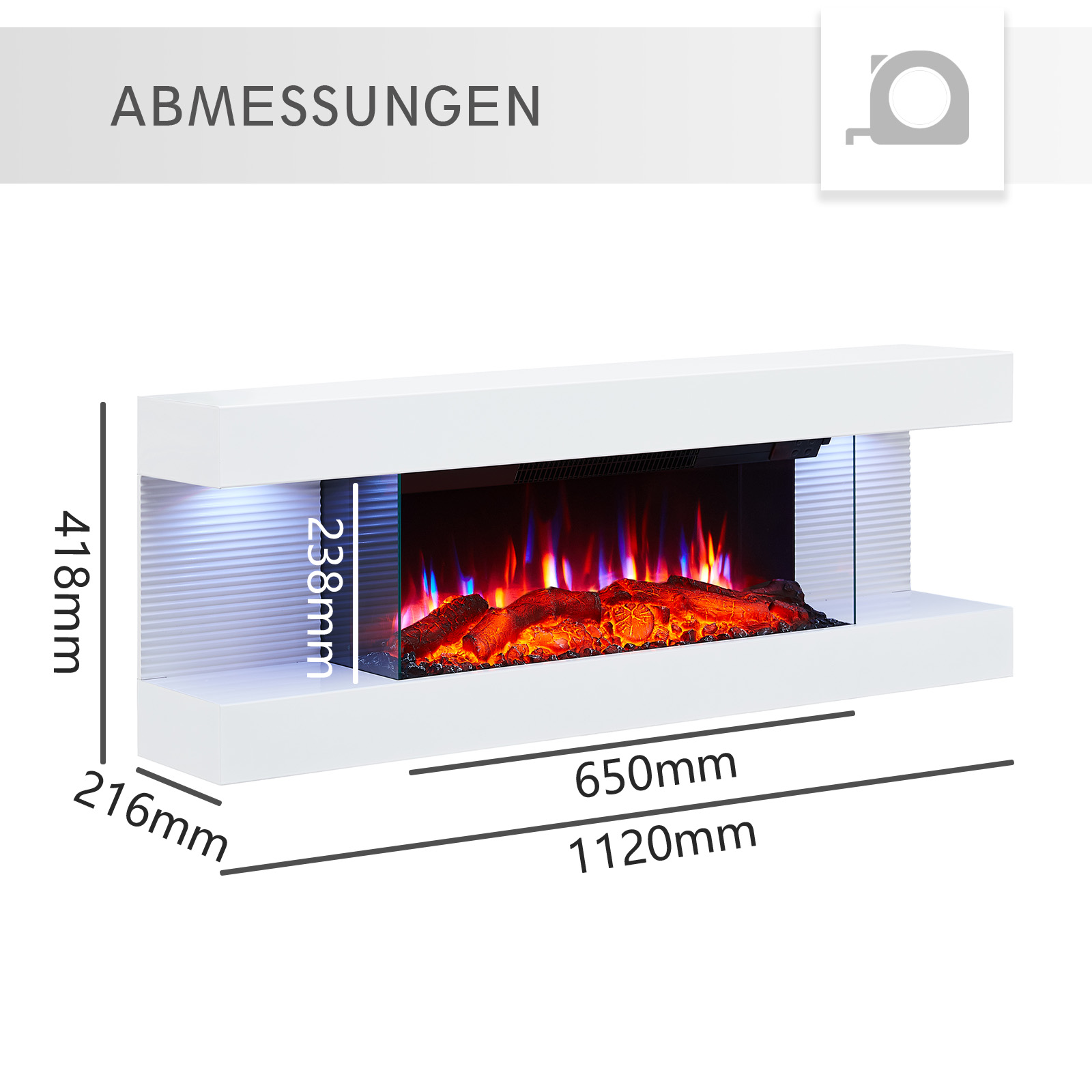 Elektrischer Kamin mit Abmessungen. Weißer Rahmen, schwarzes Glas, Feuereffekt. Maße werden angezeigt.