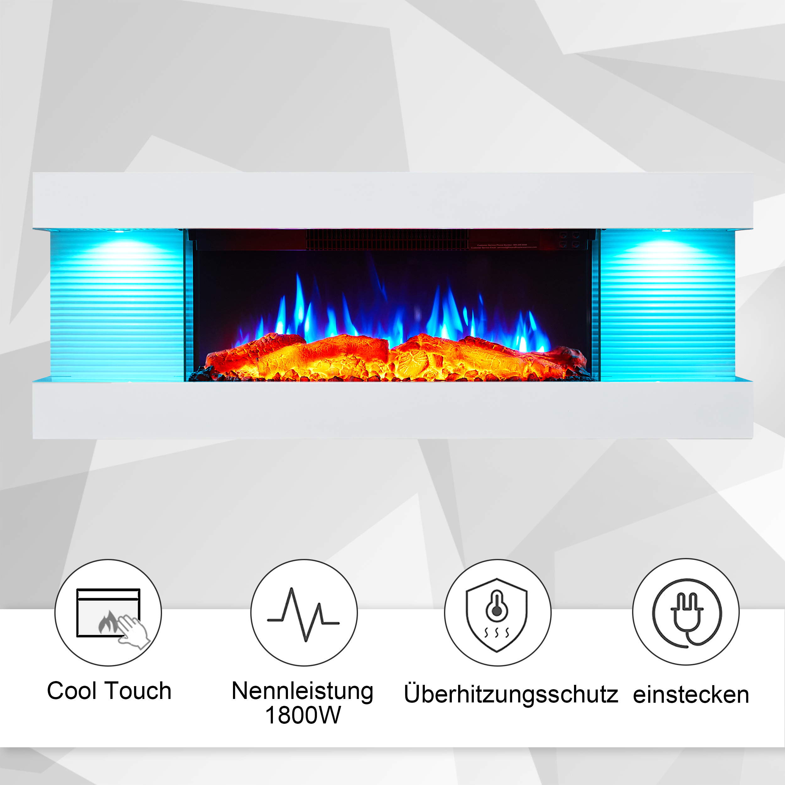 Ein weißer Elektrokamin mit blauen Lichtern und Flammeneffekt. Symbole unten zeigen Funktionen.