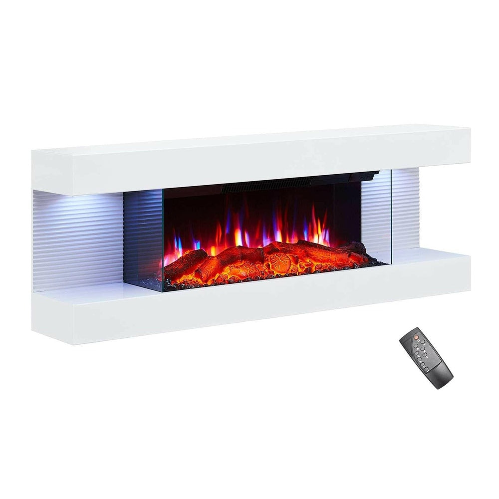 Moderner weißer elektrischer Kamin mit Feuereffekt. Enthält eine Fernbedienung an der Seite.