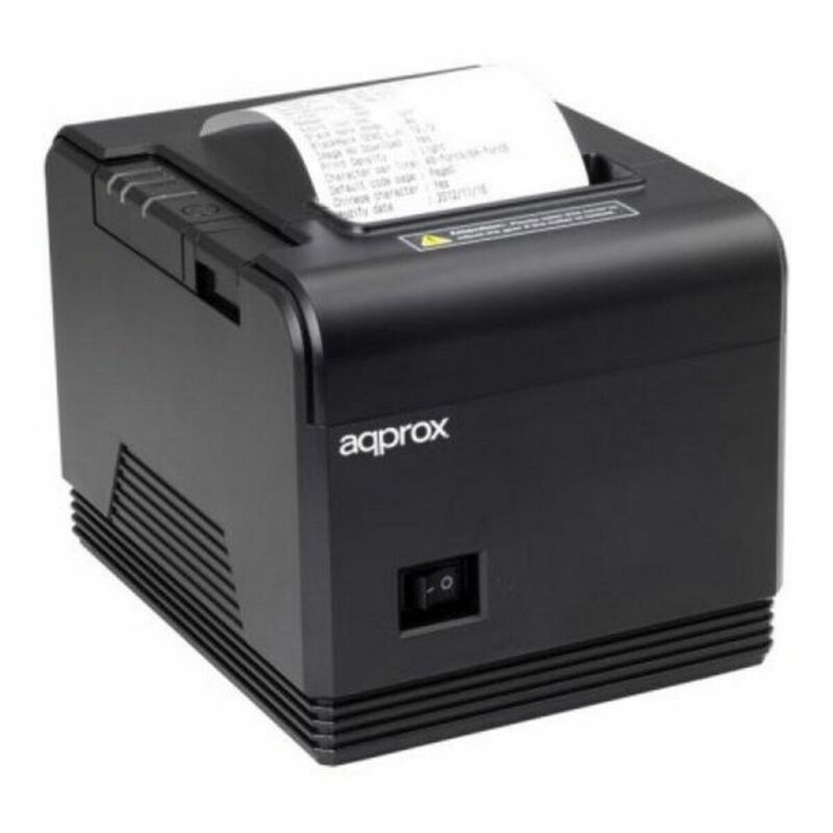 Ein schwarzer Belegdrucker mit einem Papierbeleg, der herauskommt. Der Markenname 'aqprox' steht darauf.
