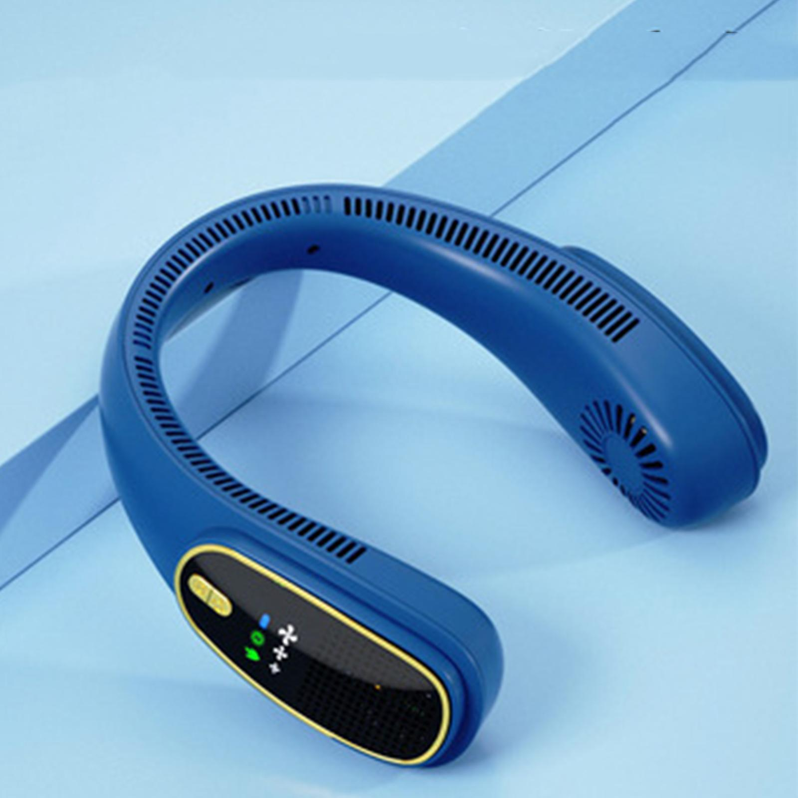 Blauer Nackenventilator mit gebogenem Design, mit Bedienfeld und offenem Luftauslass.