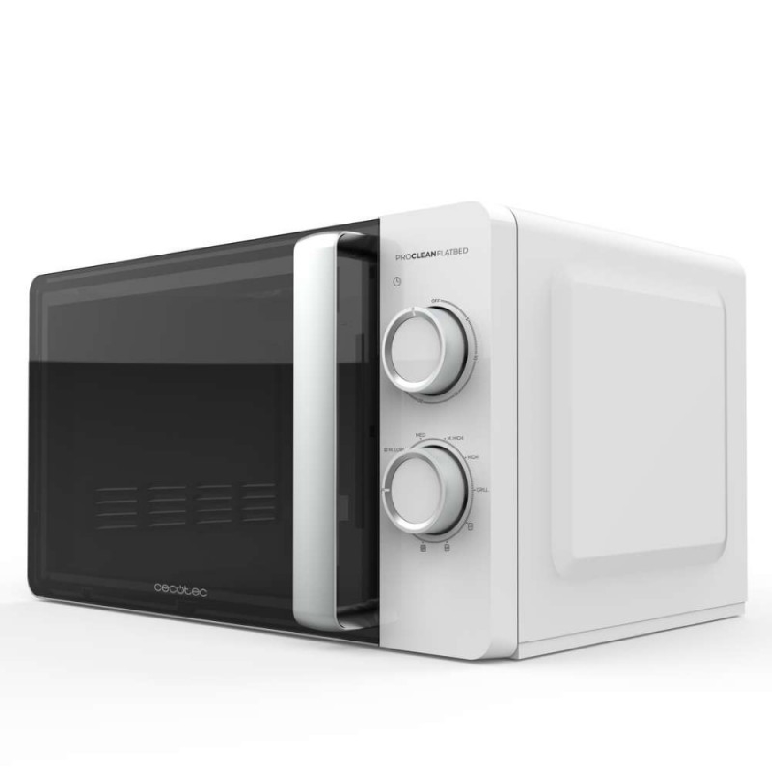 Un horno microondas blanco con puerta y controles negros. Se ve la marca Cecotec.