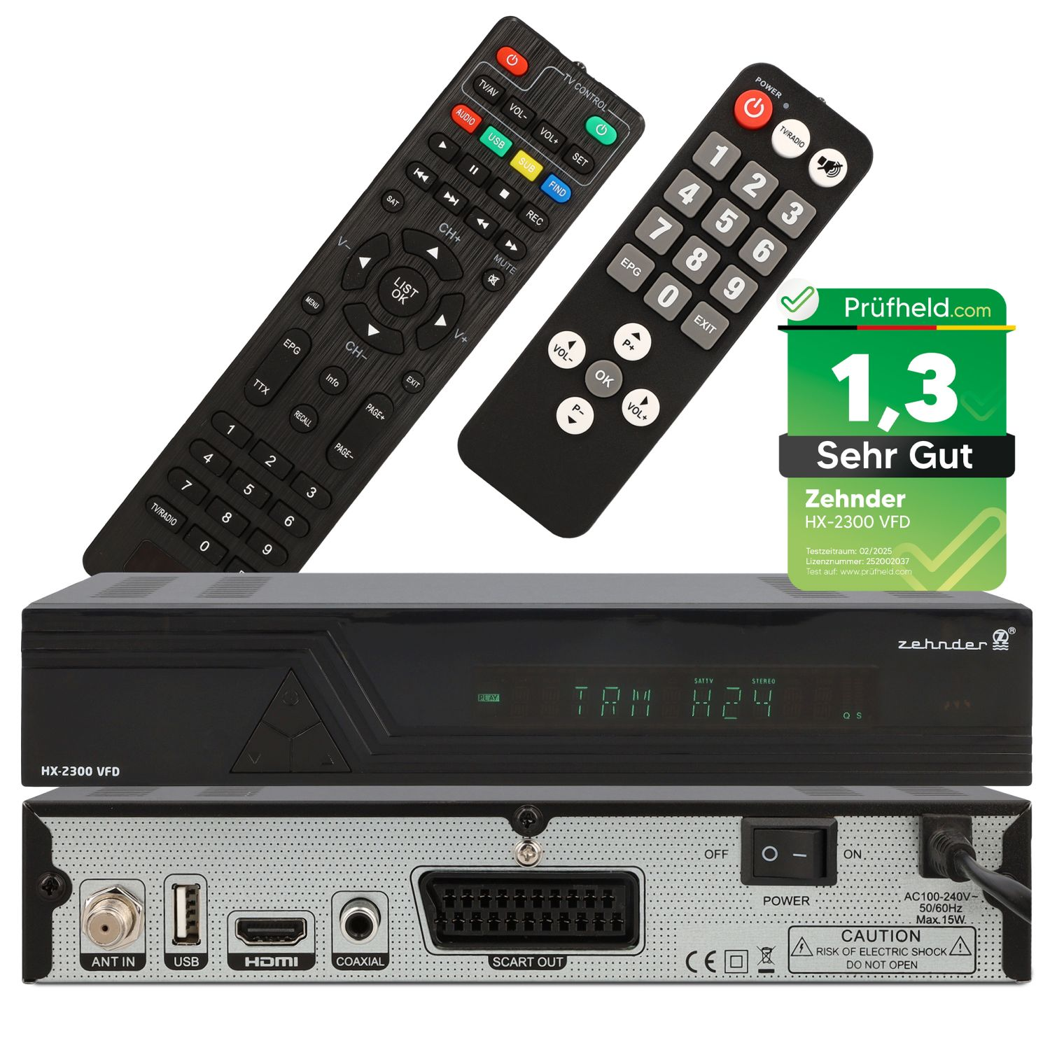 Ein Receiver mit zwei Fernbedienungen und einer Produktbeschreibung, mit mehreren Anschlüssen auf der Rückseite.