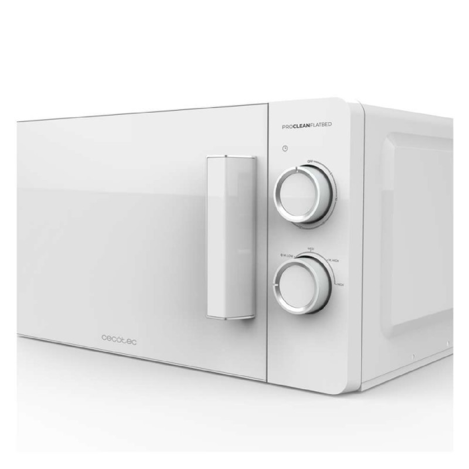 Forno a microonde bianco con pannello di controllo, isolato su sfondo bianco.