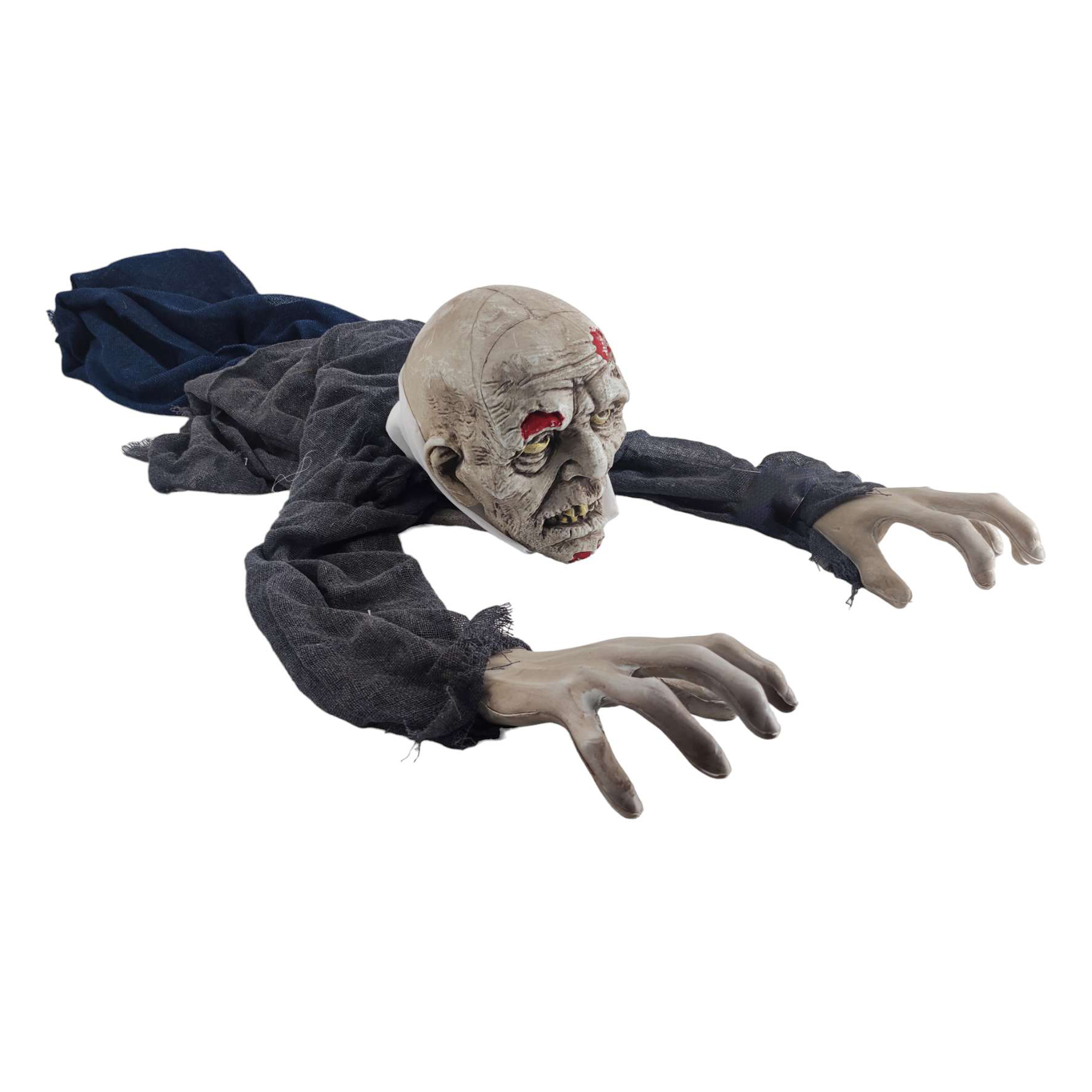 Ein kriechender Zombie mit blassem Gesicht, roten Augen und zerrissener Kleidung. Der Hintergrund ist weiß.