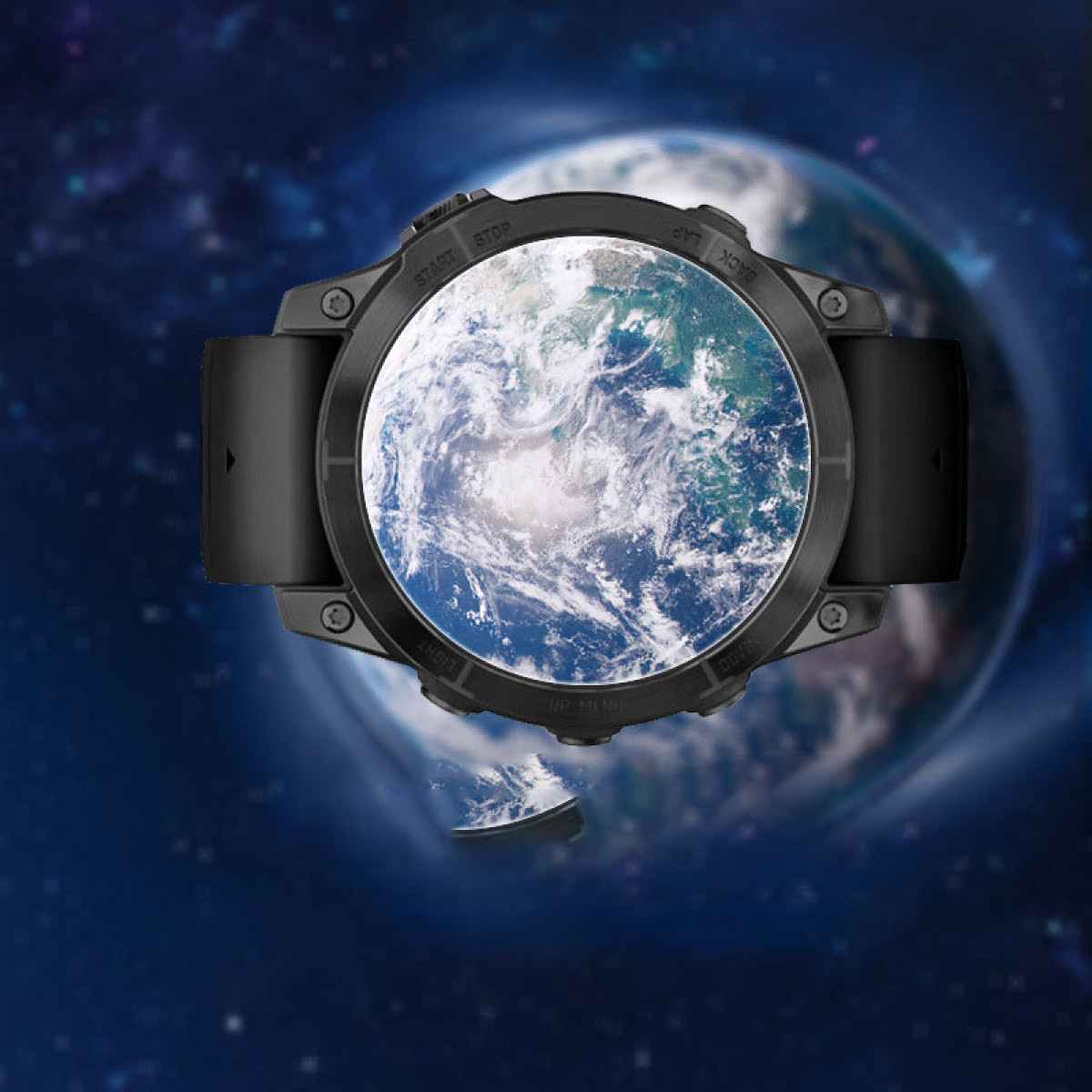 Schwarze Smartwatch mit Erdbildschirm vor Weltraumhintergrund.