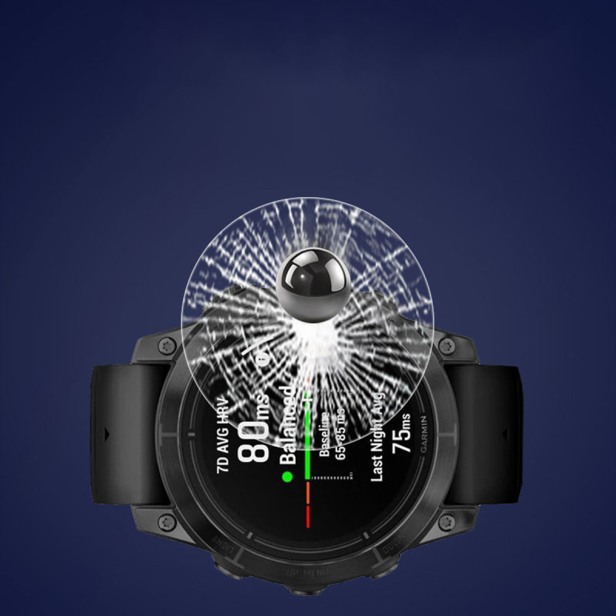 Schwarze Smartwatch mit Gesundheitsdaten und gesprungenem Displayschutz.