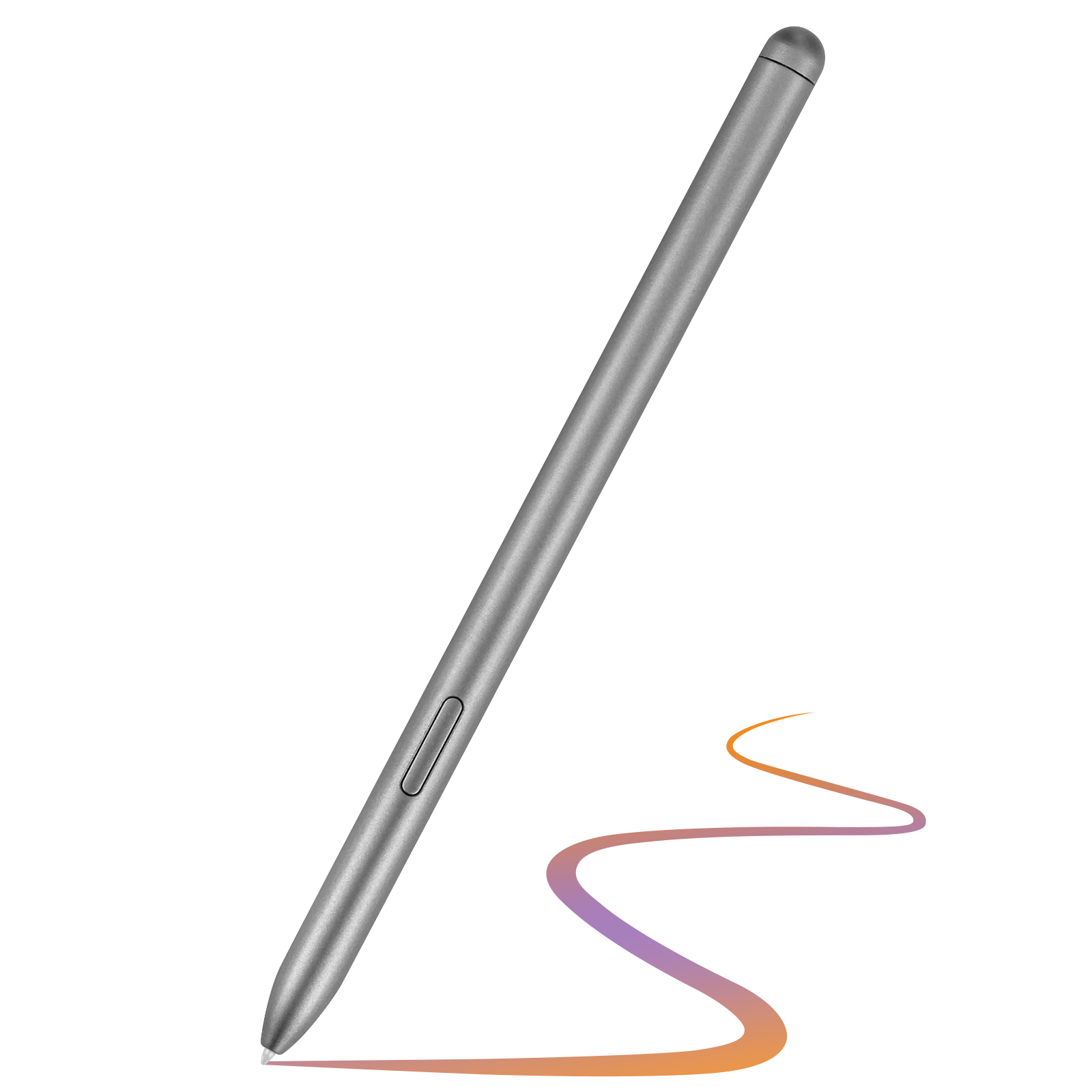 Una penna stilo argentata, che disegna una linea curva viola e arancione su sfondo bianco.