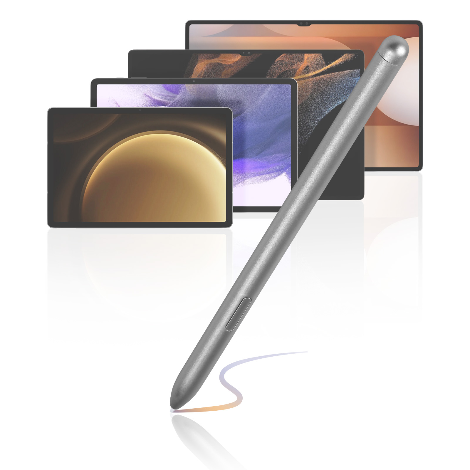 Una penna stilo argentata e diversi tablet. I tablet hanno display diversi.
