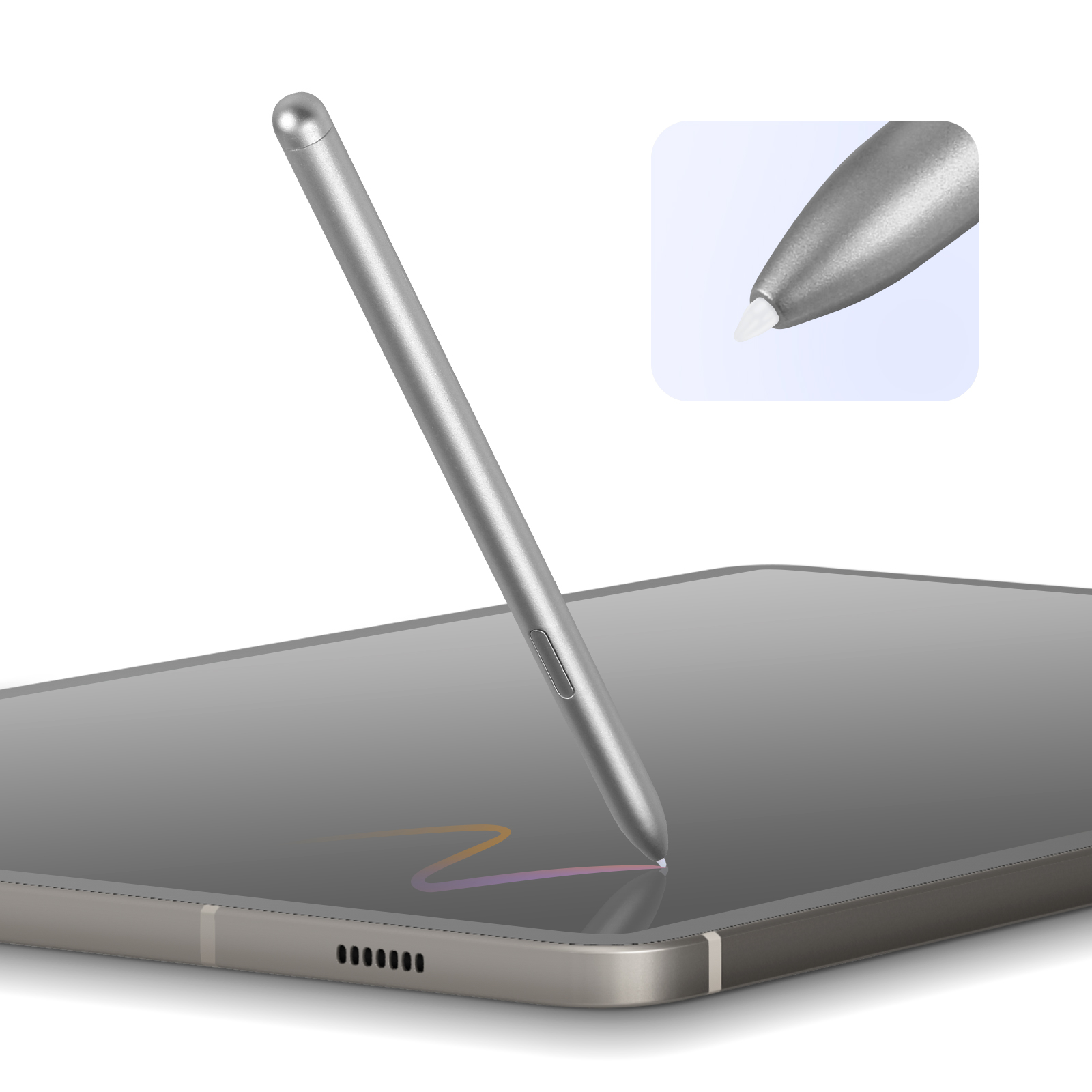 Una penna stilo argentata su un tablet, che disegna una linea curva, con un primo piano della punta.