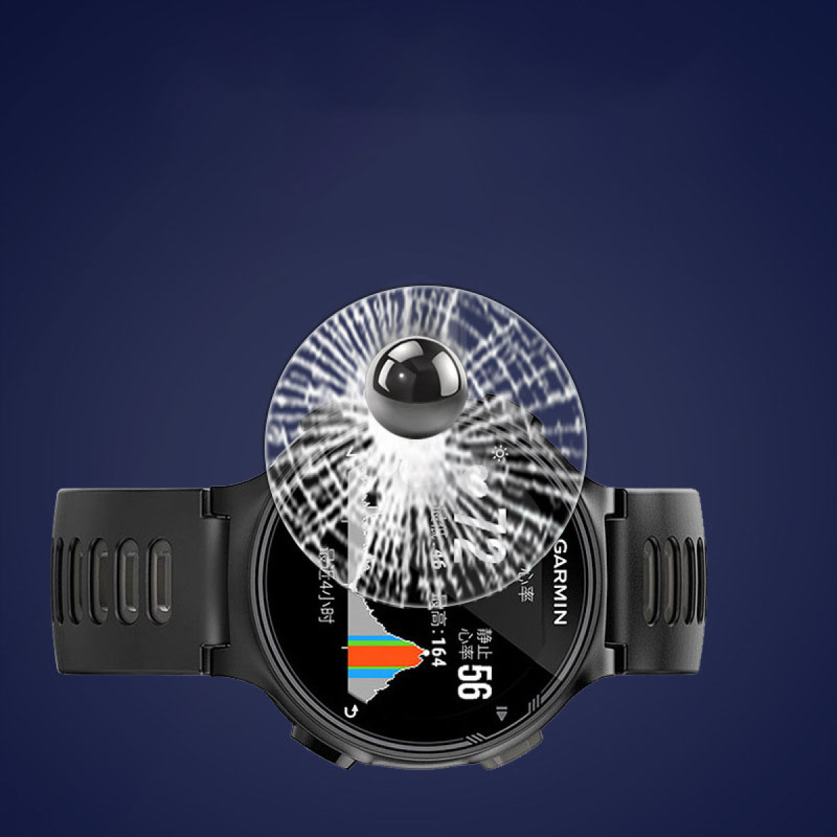 Un orologio Garmin nero che mostra la frequenza cardiaca e i dati di attività con un effetto di sfondo sfocato.