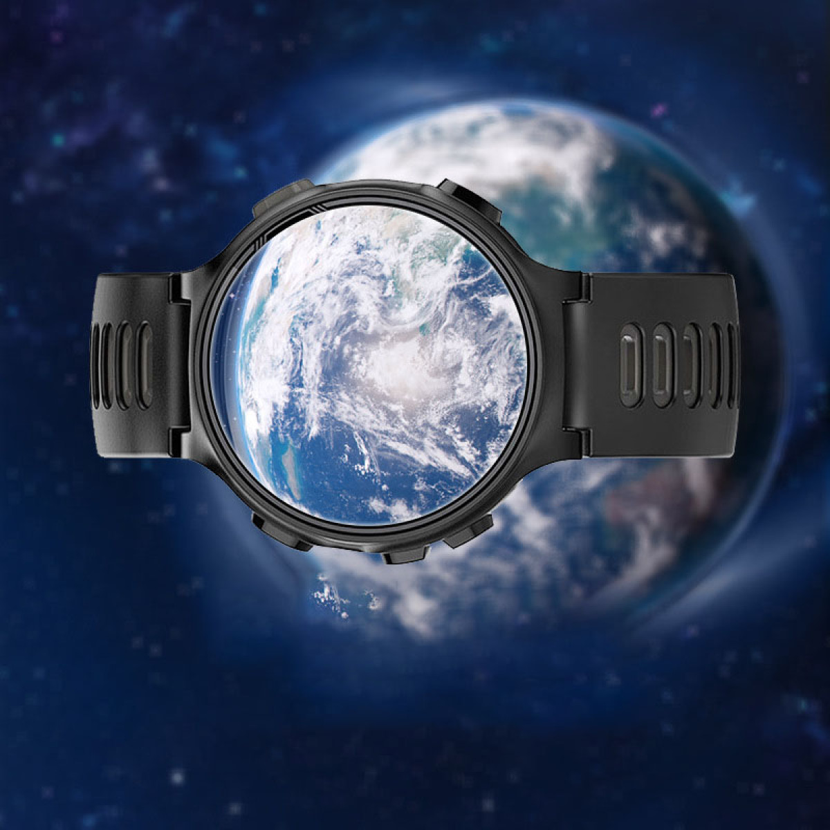 Uno smartwatch con una vista della Terra sullo schermo, posto su uno sfondo stellato.