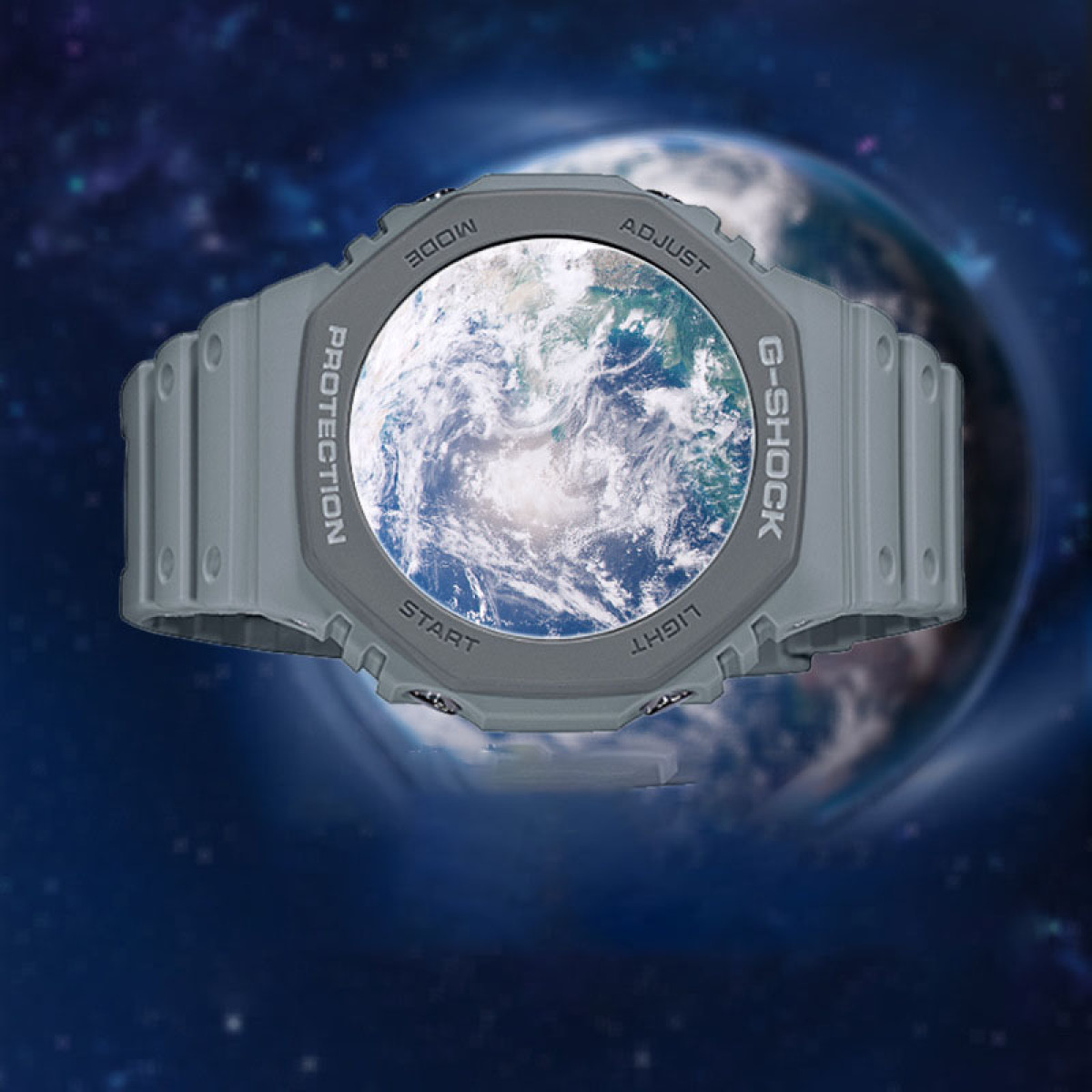 Un orologio G-Shock con l'immagine della Terra sul quadrante.