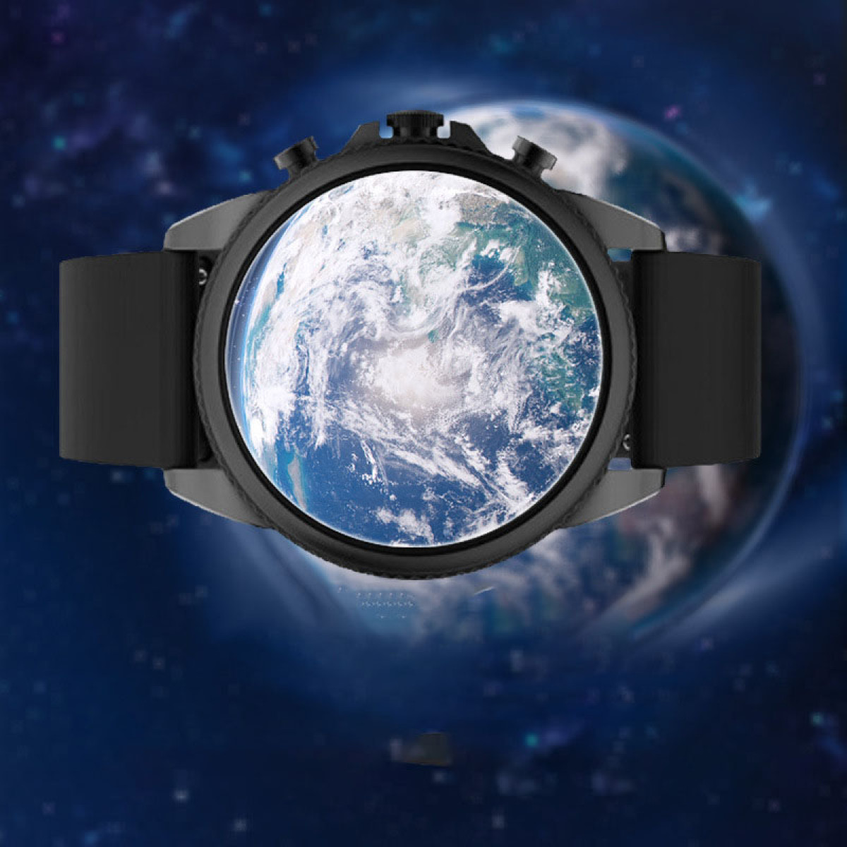 Eine schwarze Smartwatch zeigt ein Bild der Erde.