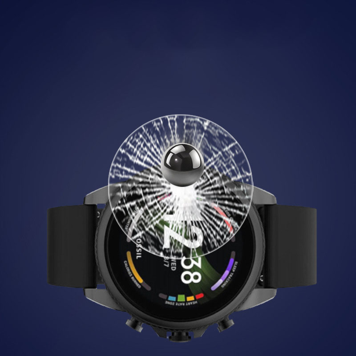 Eine schwarze Fossil-Smartwatch mit zerbrochenem Bildschirm.