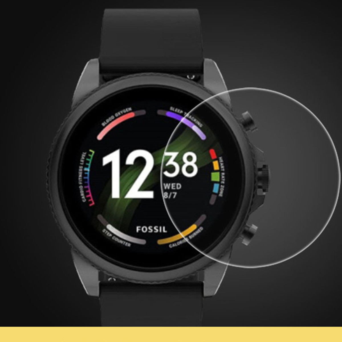 Eine schwarze Fossil Smartwatch mit rundem Display, das Zeit und Gesundheitsdaten anzeigt. Dunkler Hintergrund.