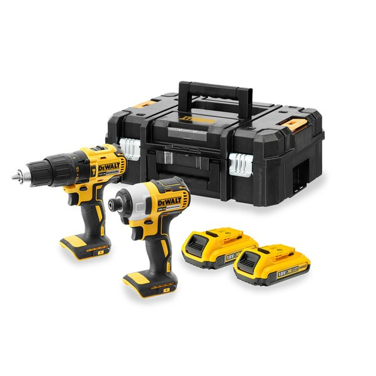 Un ensemble de perceuses DeWalt avec deux perceuses, deux batteries et une boîte à outils noire. Fond blanc.