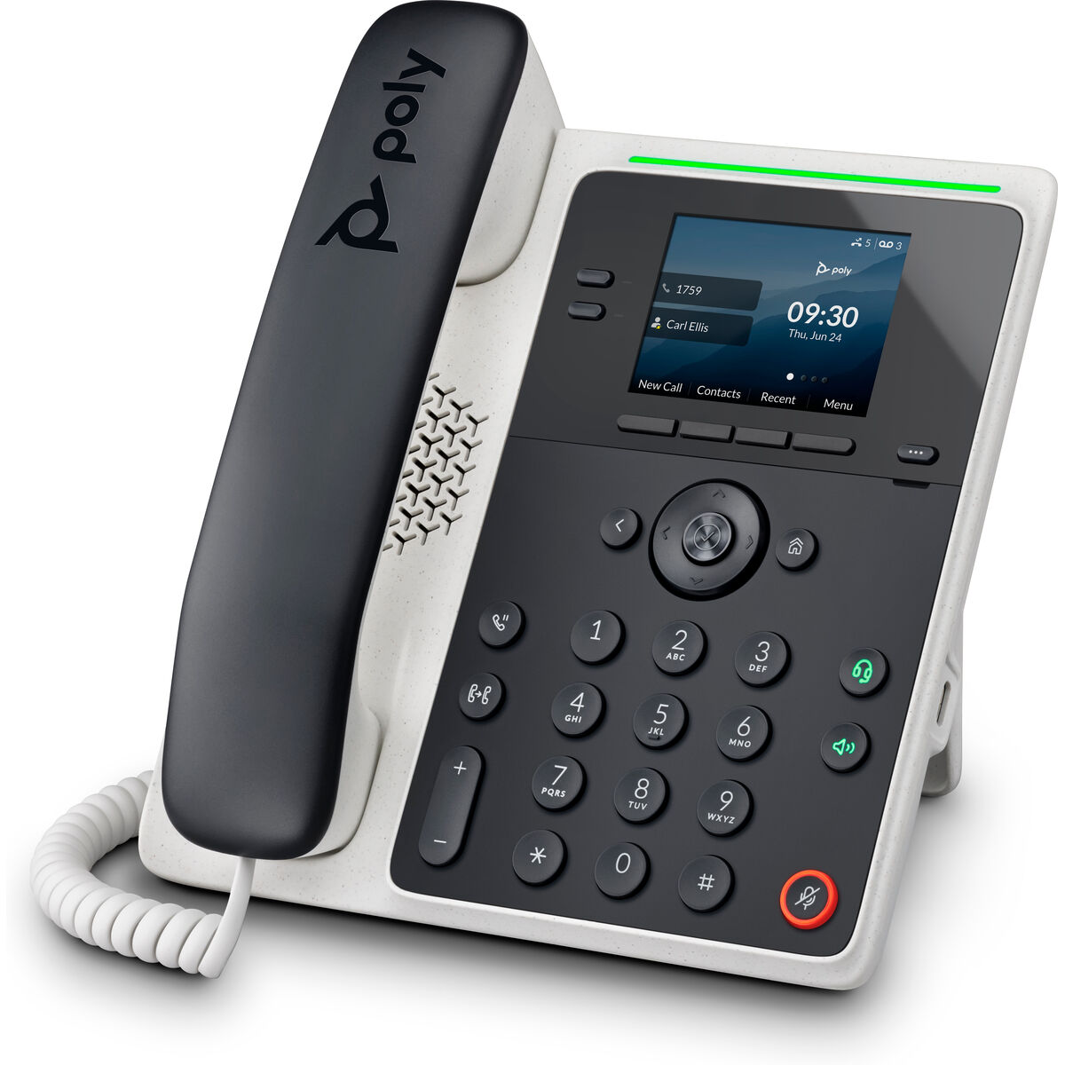 Téléphone IP Poly Edge E100 avec combiné, écran et clavier, incliné sur un fond blanc.