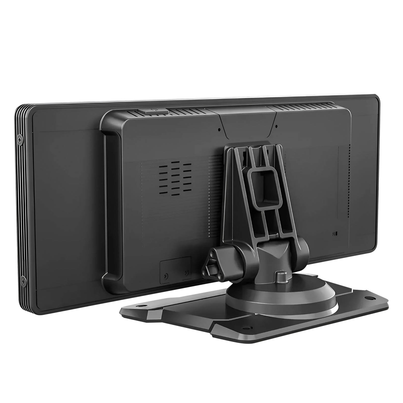 L'arrière d'un moniteur noir montre son support et ses ports, sur un fond blanc.
