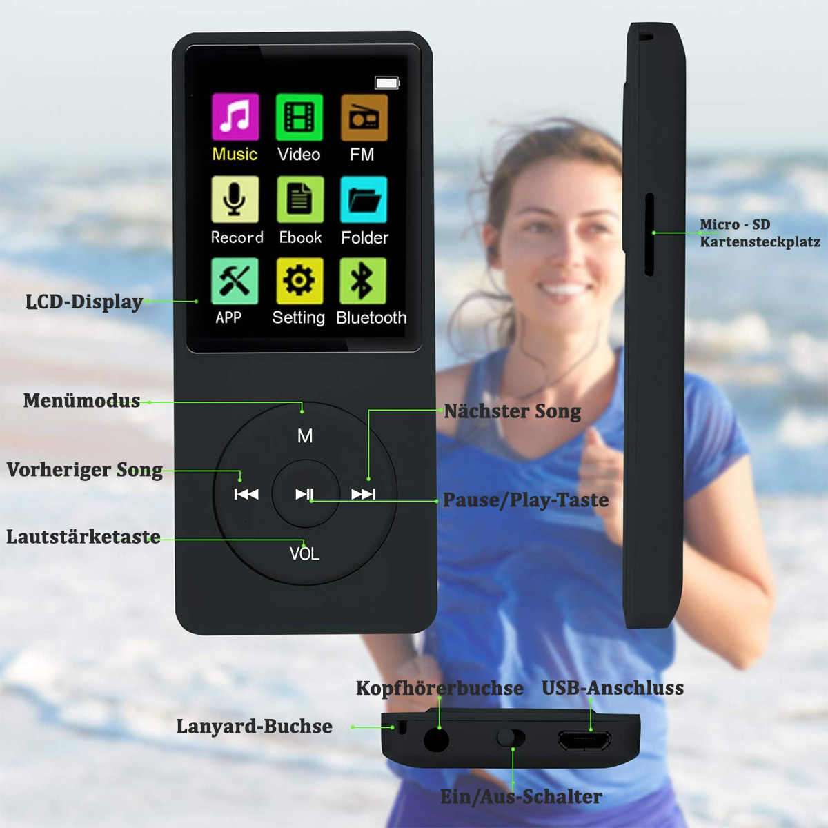 Ein schwarzer MP3-Player mit Farbbildschirm, Navigationstasten und beschrifteten Anschlüssen, im Hintergrund eine joggende Frau.