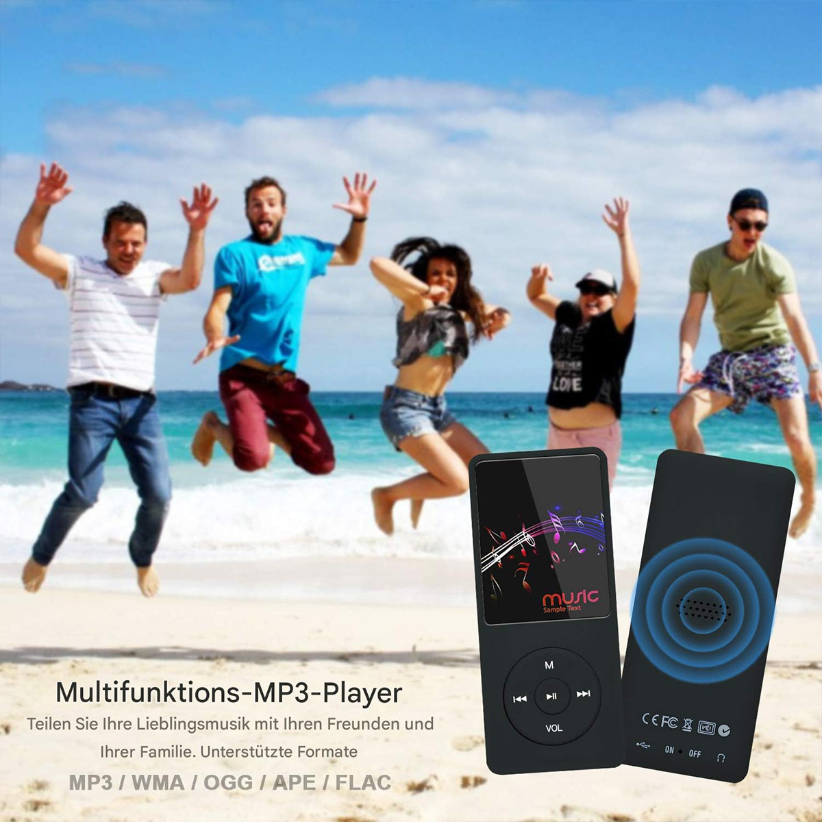Fünf Personen springen und lächeln, mit zwei tragbaren MP3-Playern vorne. Text auf Deutsch ist auf dem Bild.