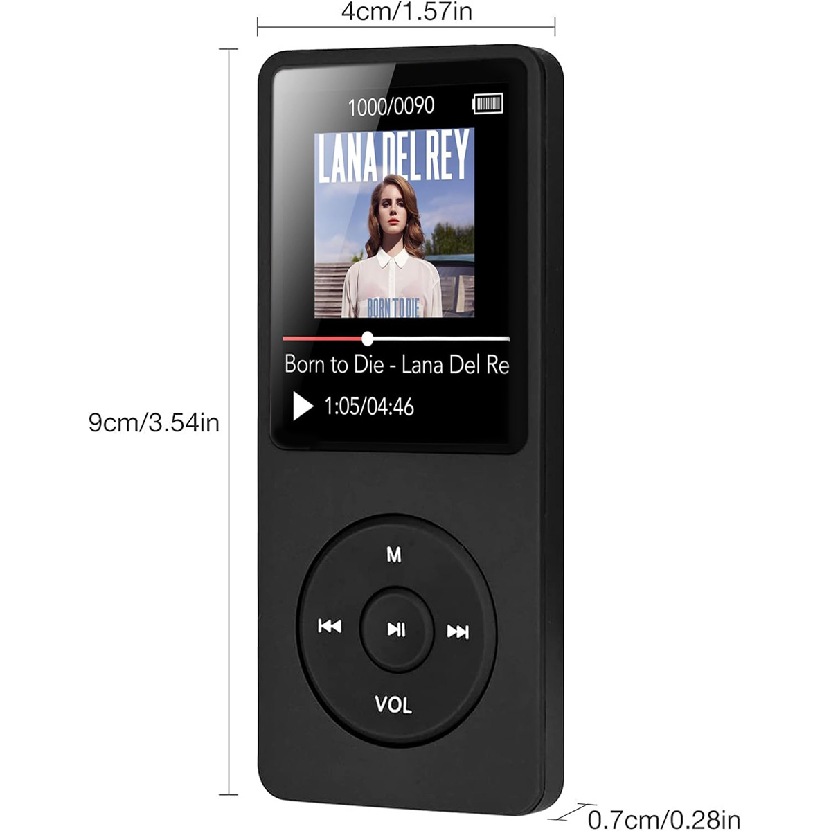 Czarny odtwarzacz MP3 z ekranem wyświetlającym okładkę albumu Lany Del Rey. Ma wymiary i etykiety przycisków.
