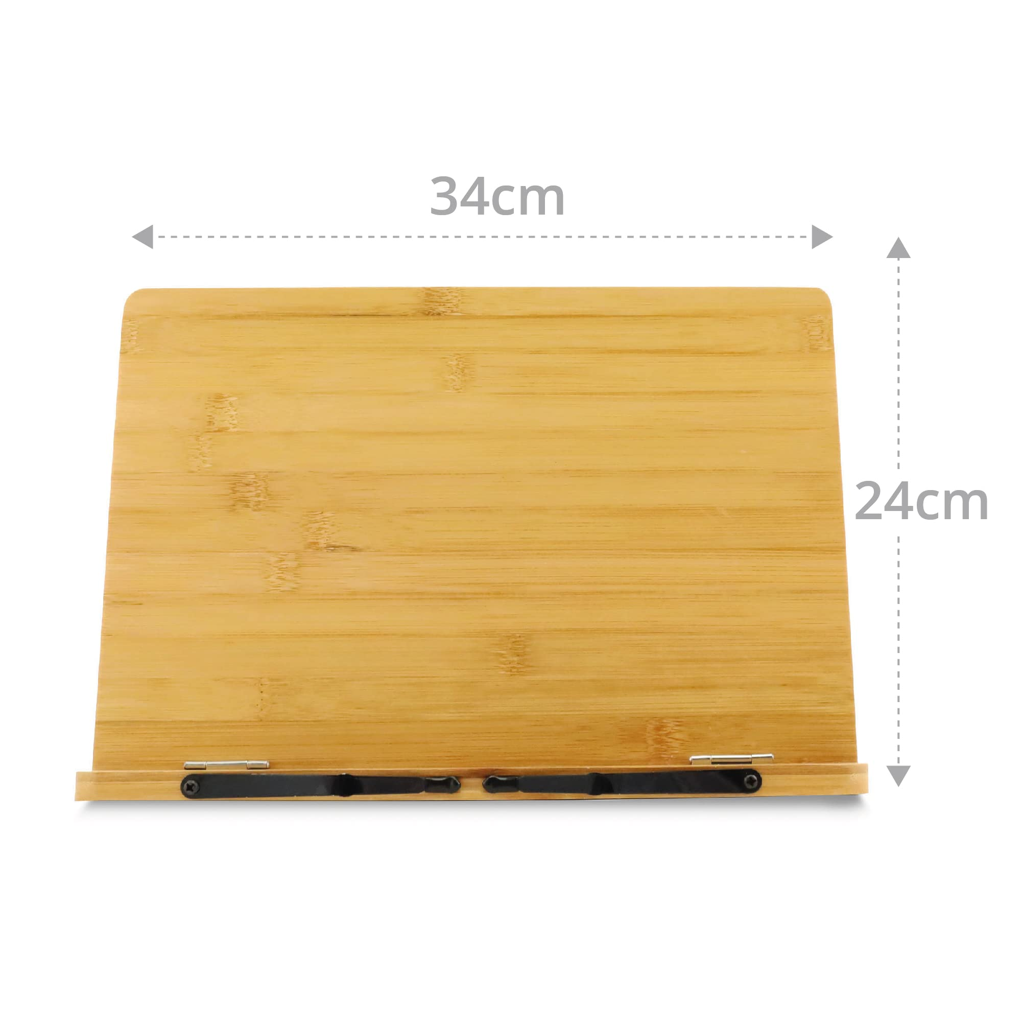 Buchständer aus Holz, 34 cm breit und 24 cm hoch, Maße sind angegeben.