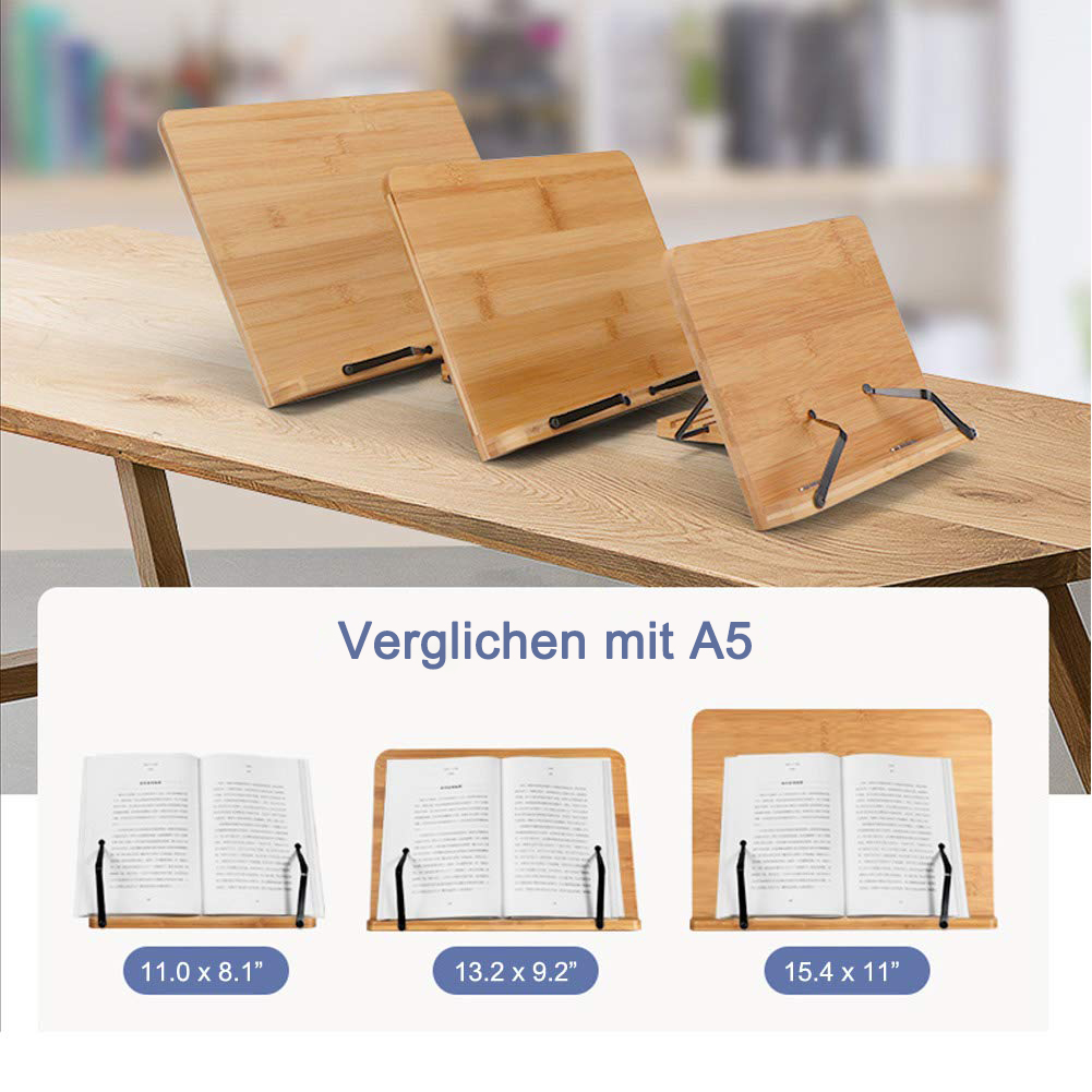 Drei hölzerne Buchständer mit Büchern, Größenvergleich. Text auf Deutsch.