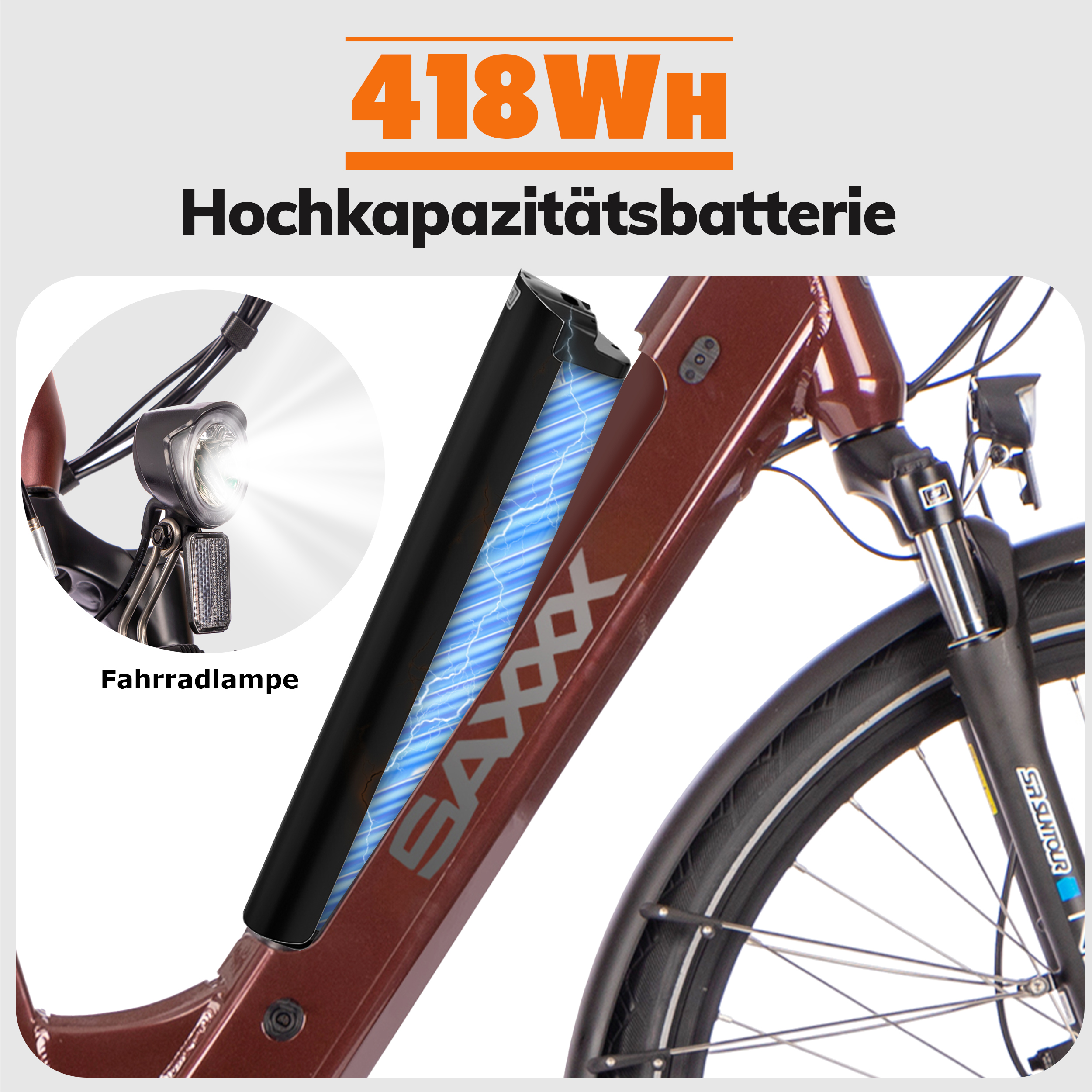 Fahrrad mit Batterie, Scheinwerfer an. Text auf Deutsch.
