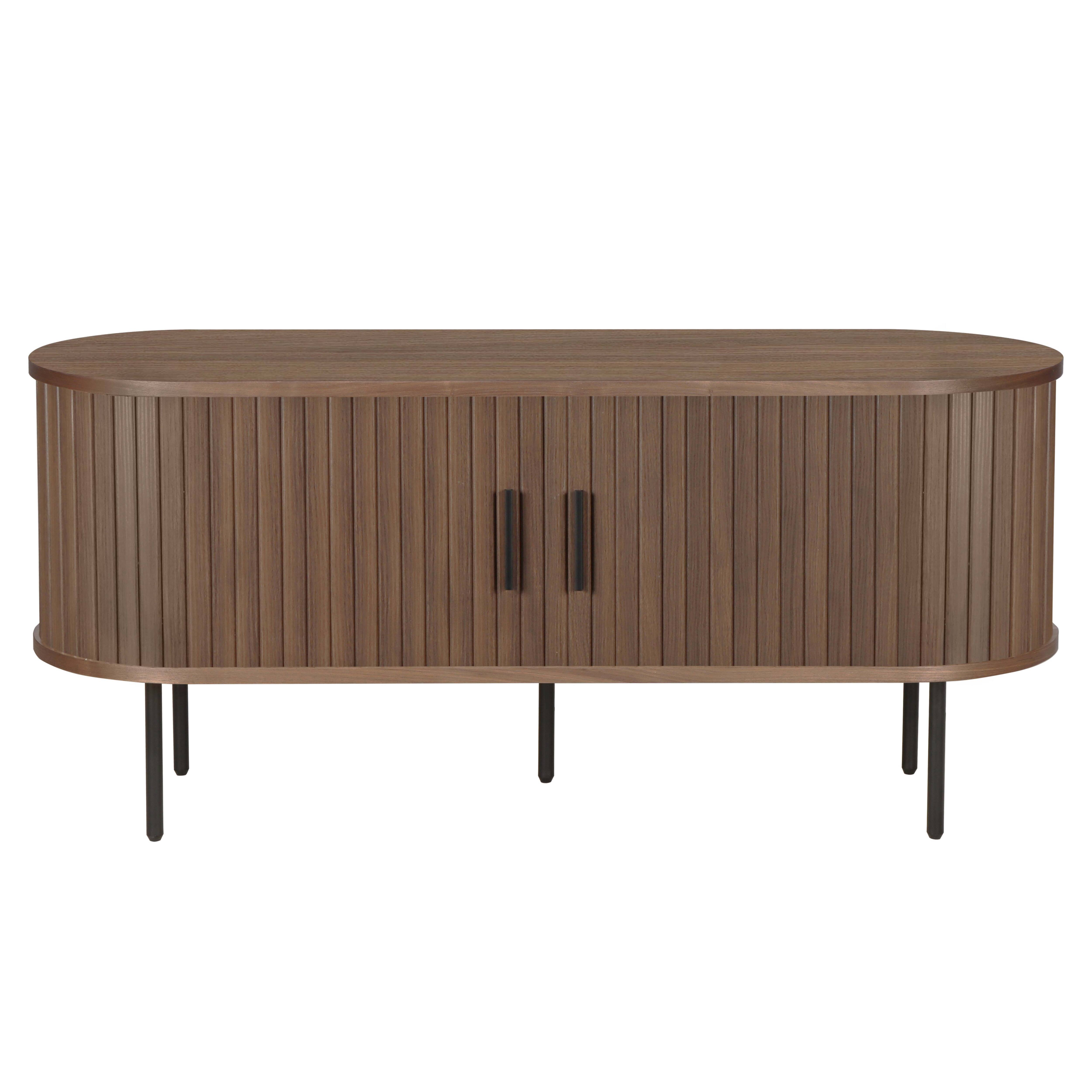 Holzschrank mit zwei Türen und schwarzen Griffen, auf schwarzen Beinen stehend.
