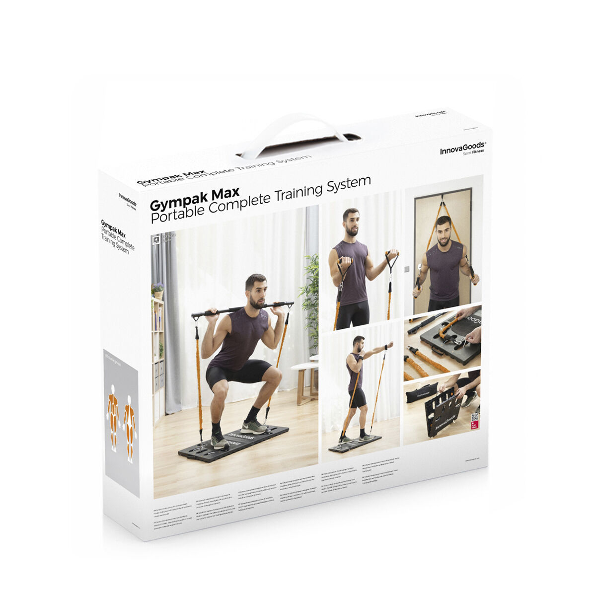 Weiße Box mit Mann, der Gympak Max Trainingssystem verwendet. Übungen werden gezeigt.