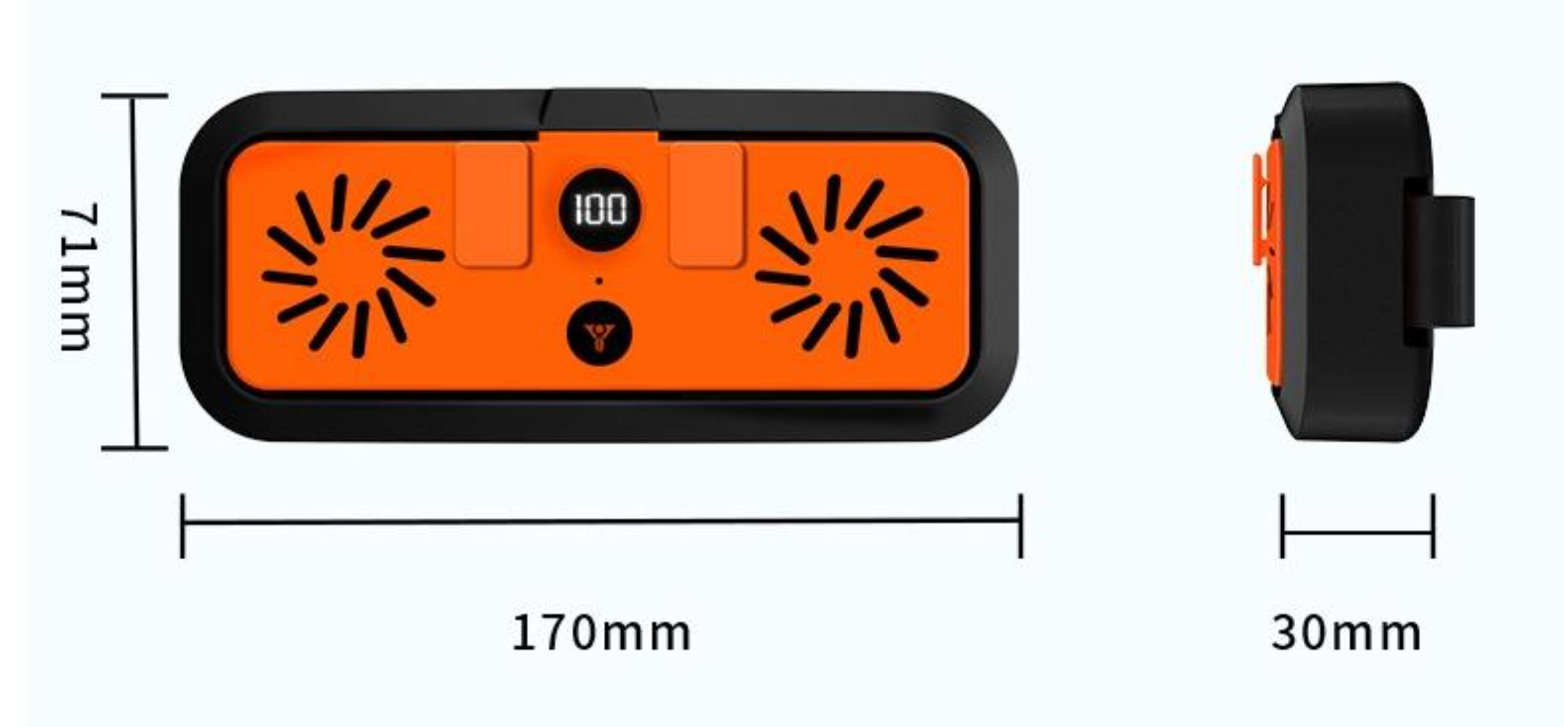 Ein orangefarbenes und schwarzes Gerät mit Abmessungen in Millimetern.