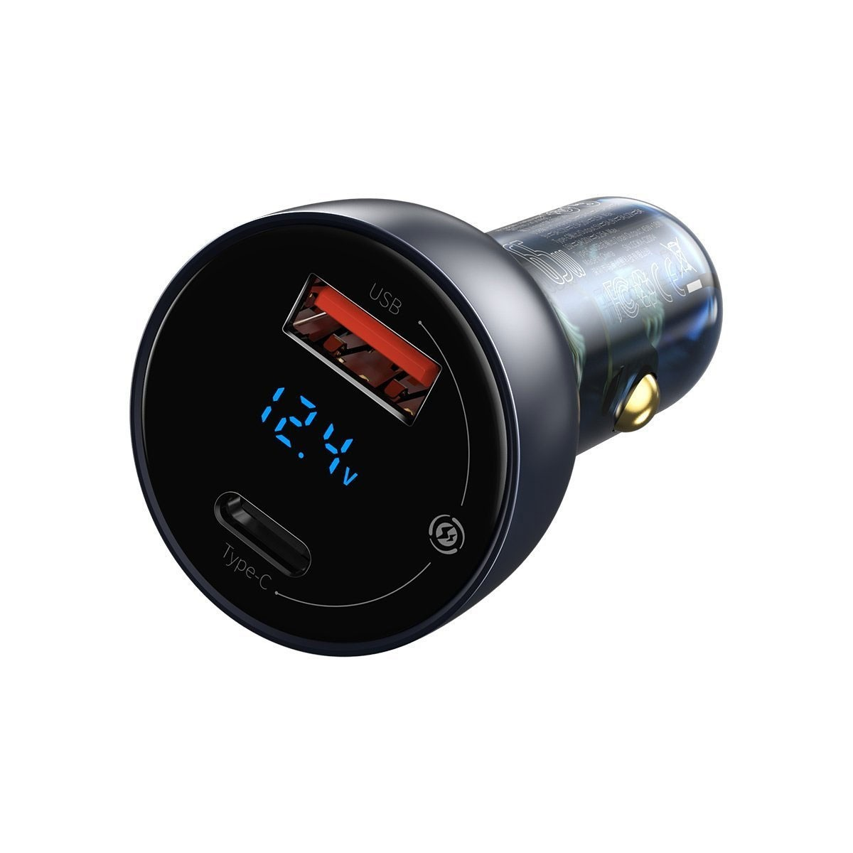 Caricabatterie per auto nero e blu con porte USB e Type-C.