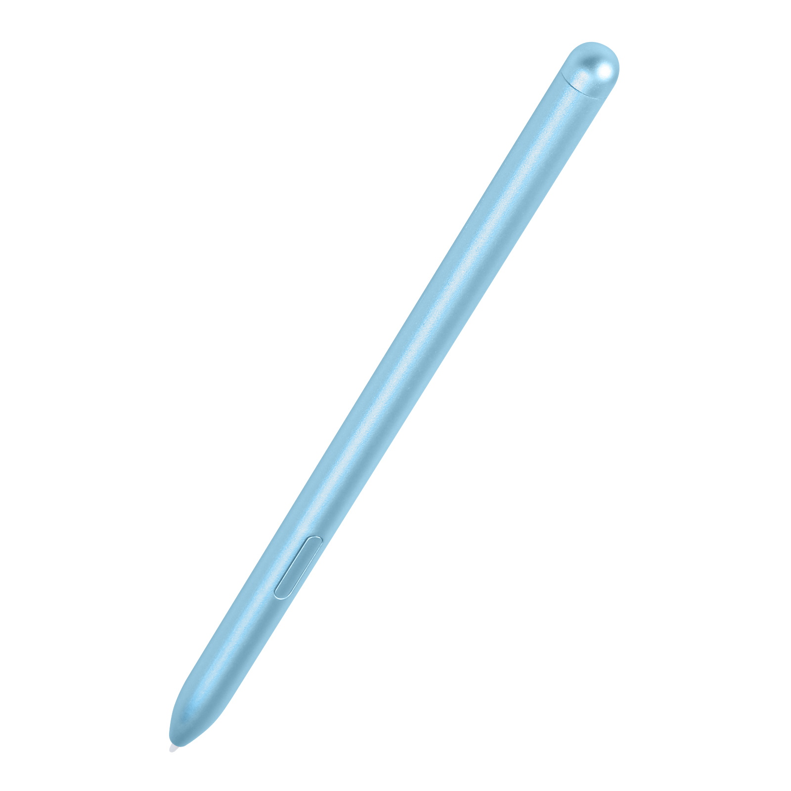 Una penna stilo azzurra, su sfondo bianco. La penna è liscia e cilindrica.