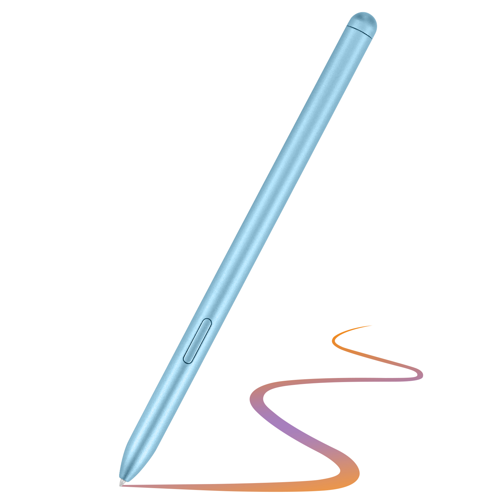 Una penna stilo azzurra con un pulsante, una linea viola e arancione.