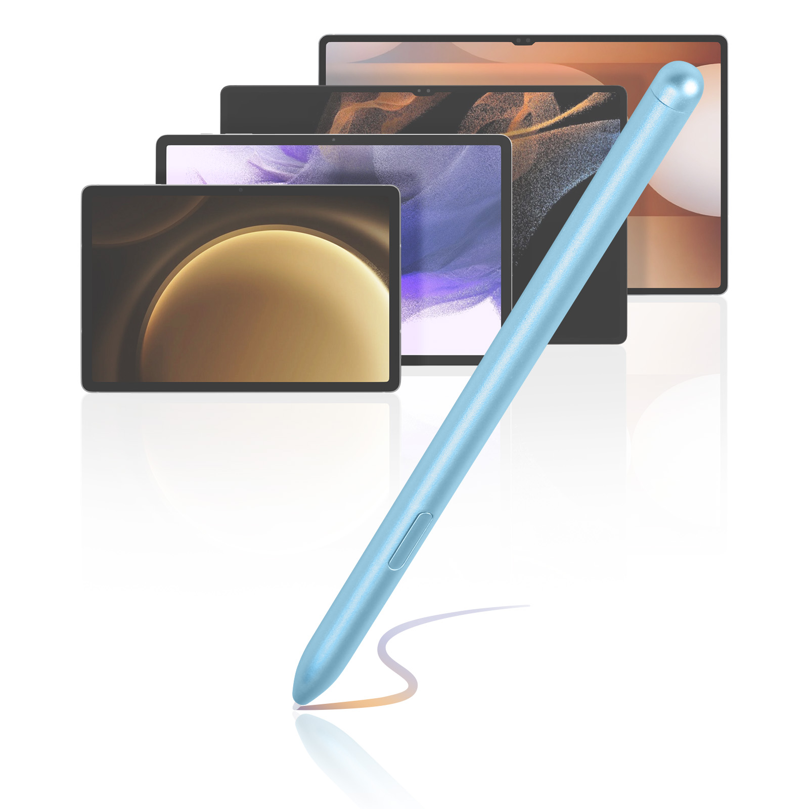 Una penna stilo azzurra con tablet sullo sfondo. I tablet sono di diverse dimensioni e marche.