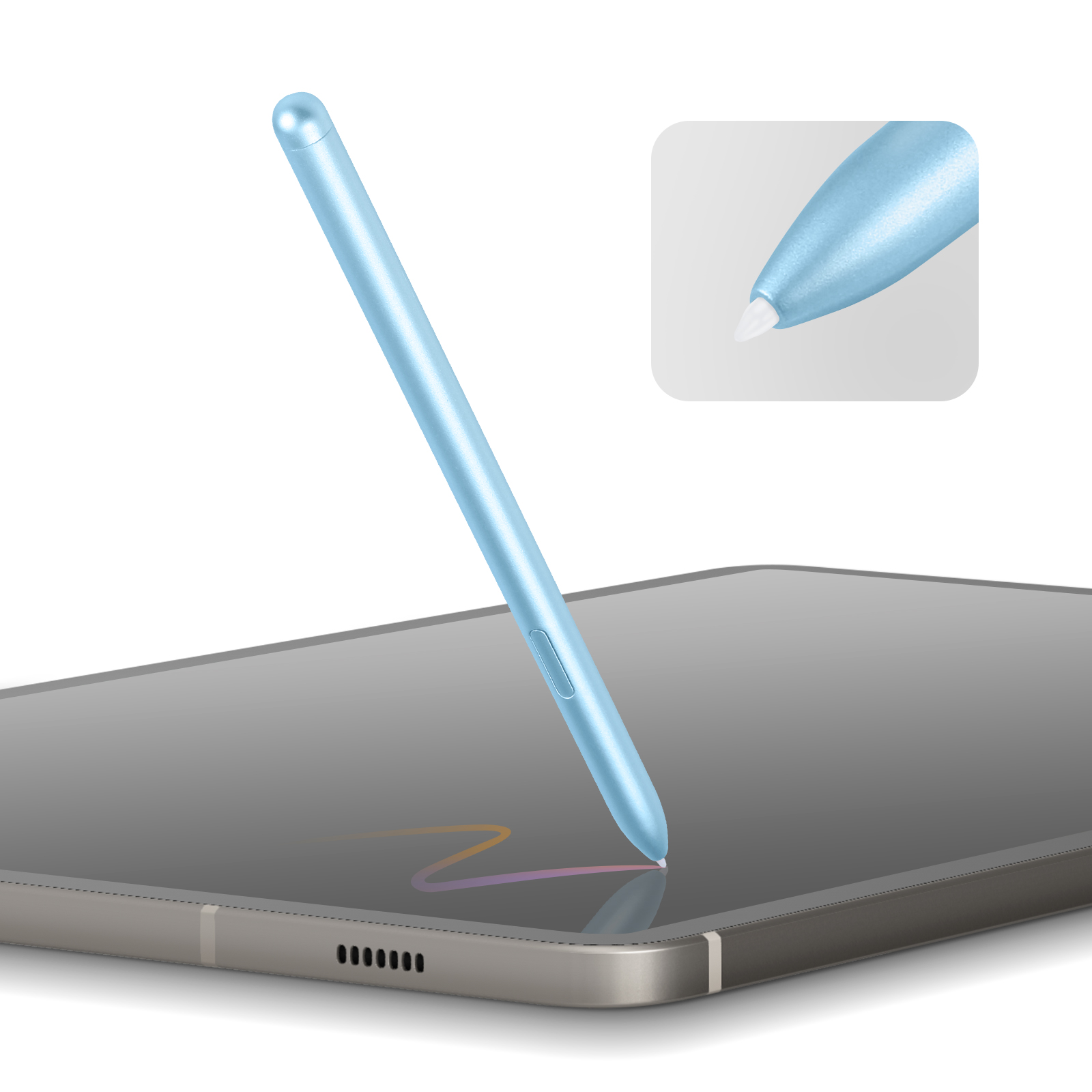 Una penna stilo azzurra sullo schermo di un tablet, che mostra un primo piano della punta.