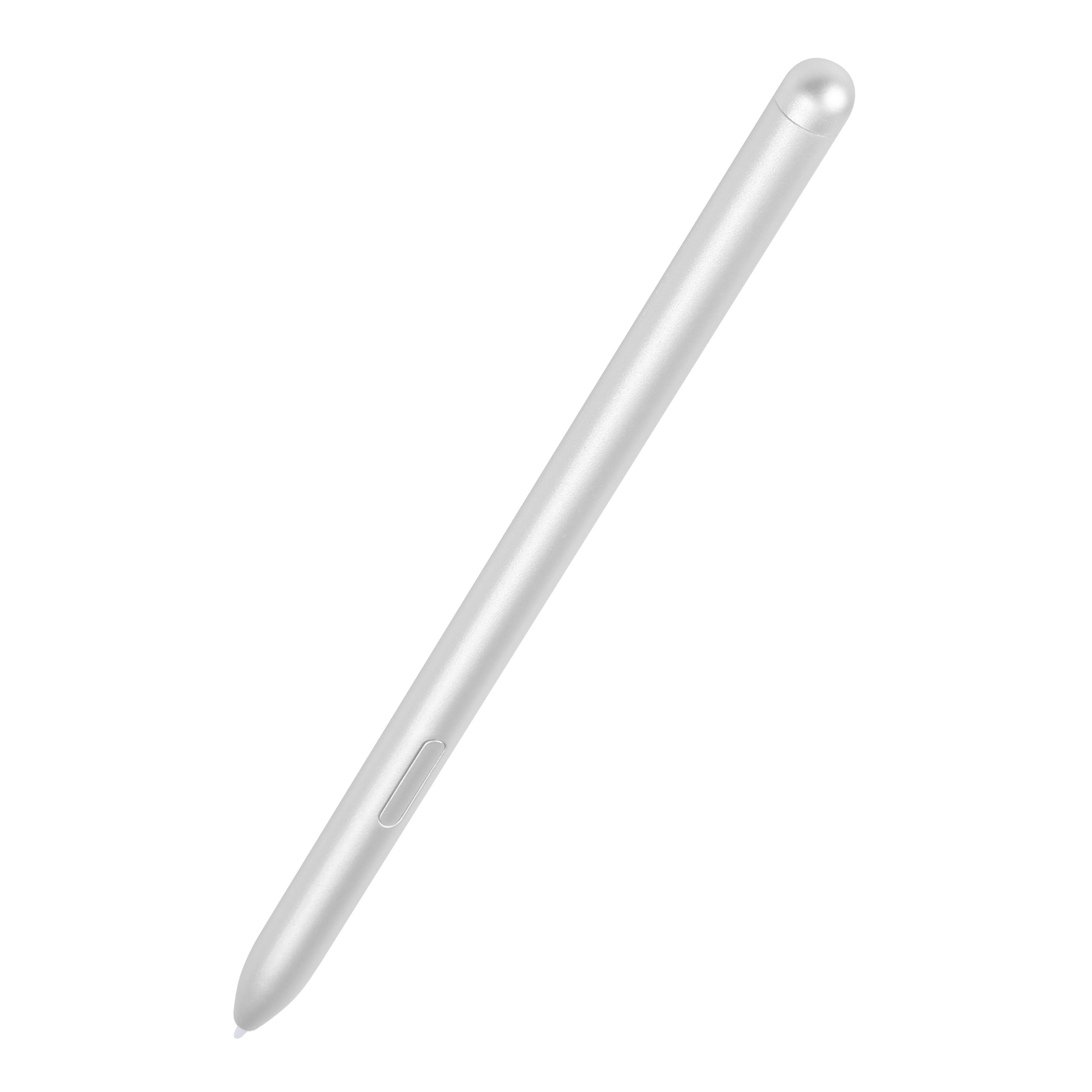 Una penna stilo argentata, con punta arrotondata, è mostrata su sfondo bianco.
