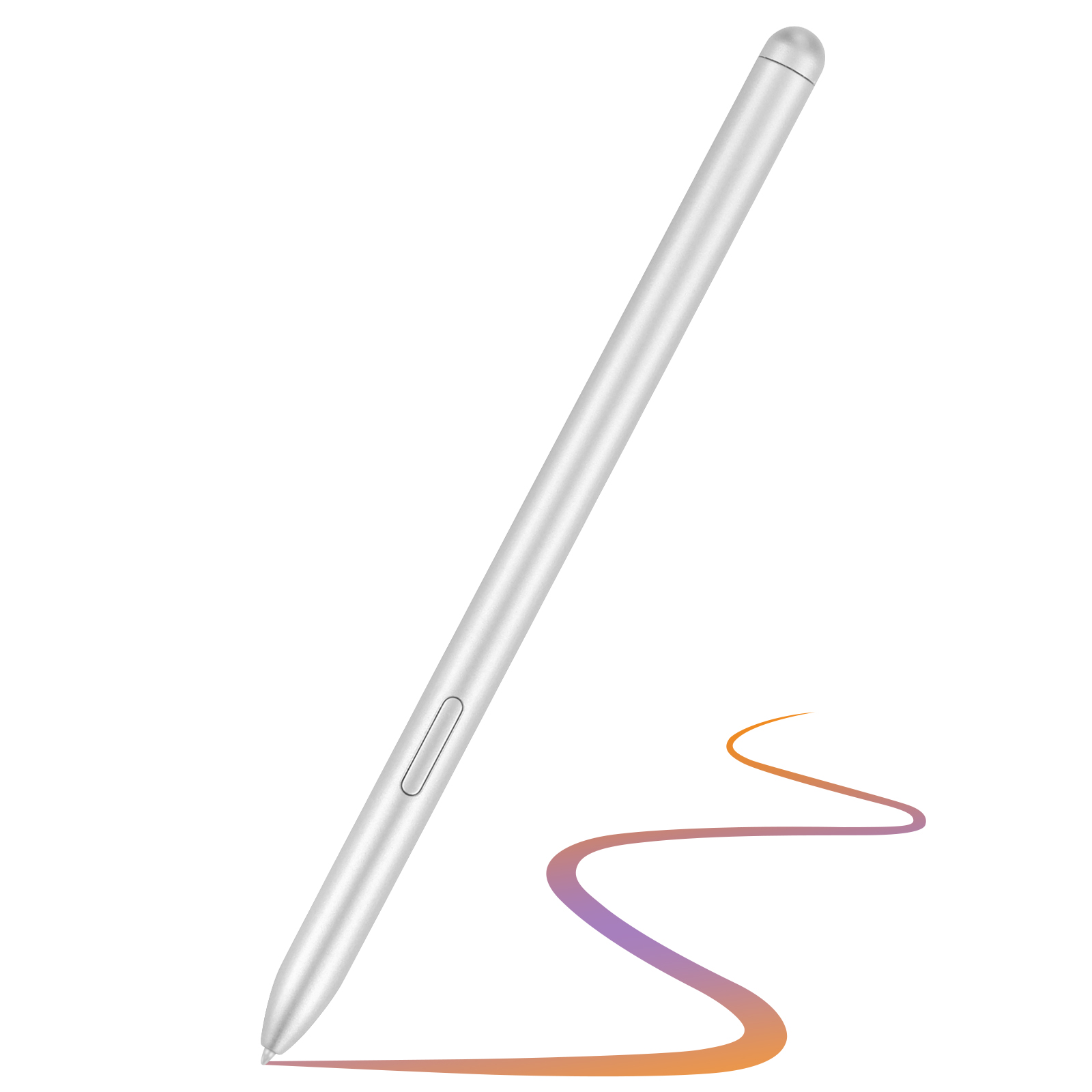 Una penna stilo argentata con un pulsante laterale. Una linea viola e arancione è disegnata dalla punta.