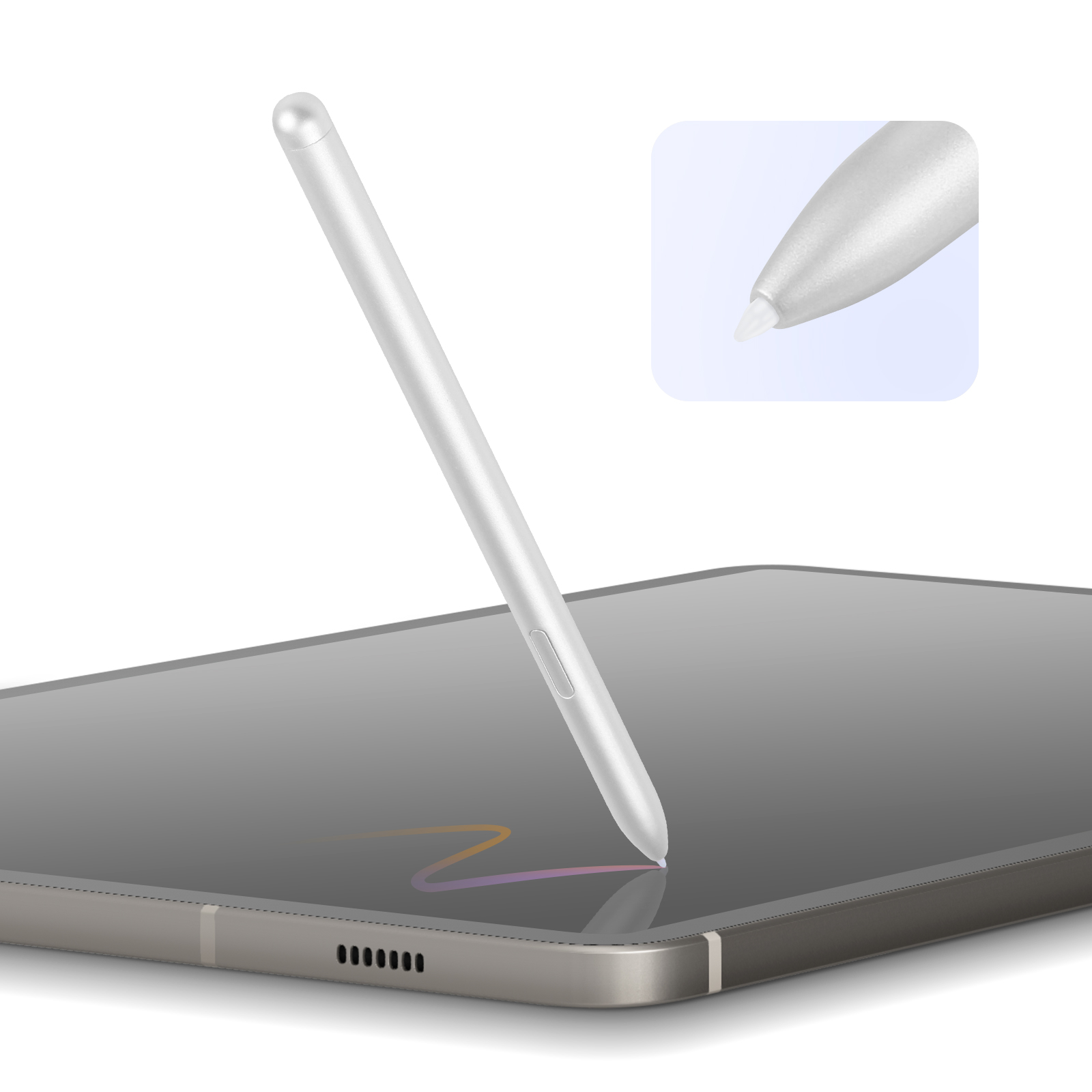 Una penna stilo argentata che disegna sullo schermo di un tablet. Viene mostrato anche un primo piano della punta.