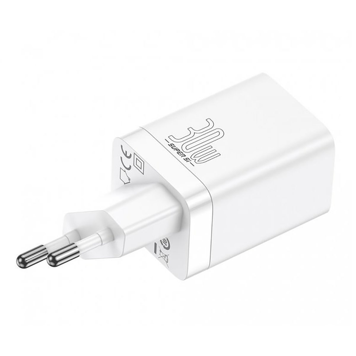 Un adaptador de carga blanco con una etiqueta de 30W. Tiene dos clavijas metálicas y un diseño simple y limpio. Aislado sobre un fondo blanco.