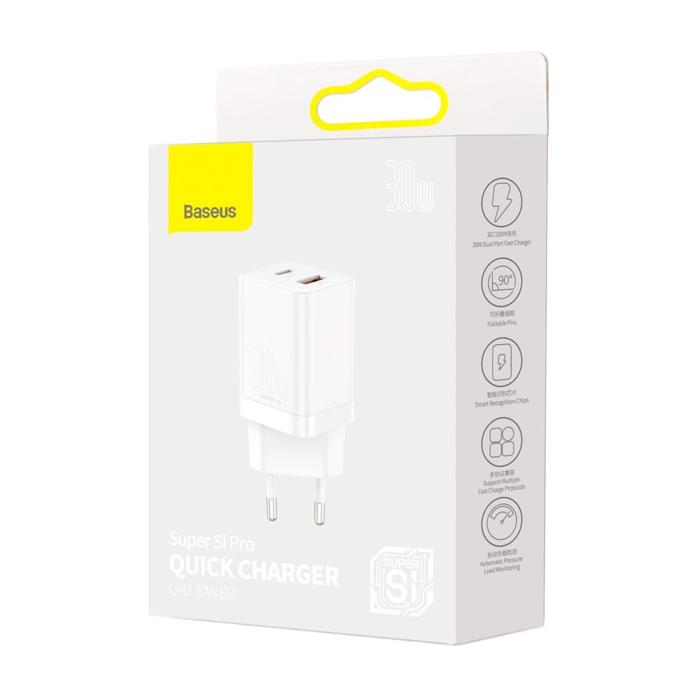 Caja blanca para un cargador Baseus de 30W. Tiene una imagen del cargador e iconos describiendo funciones.